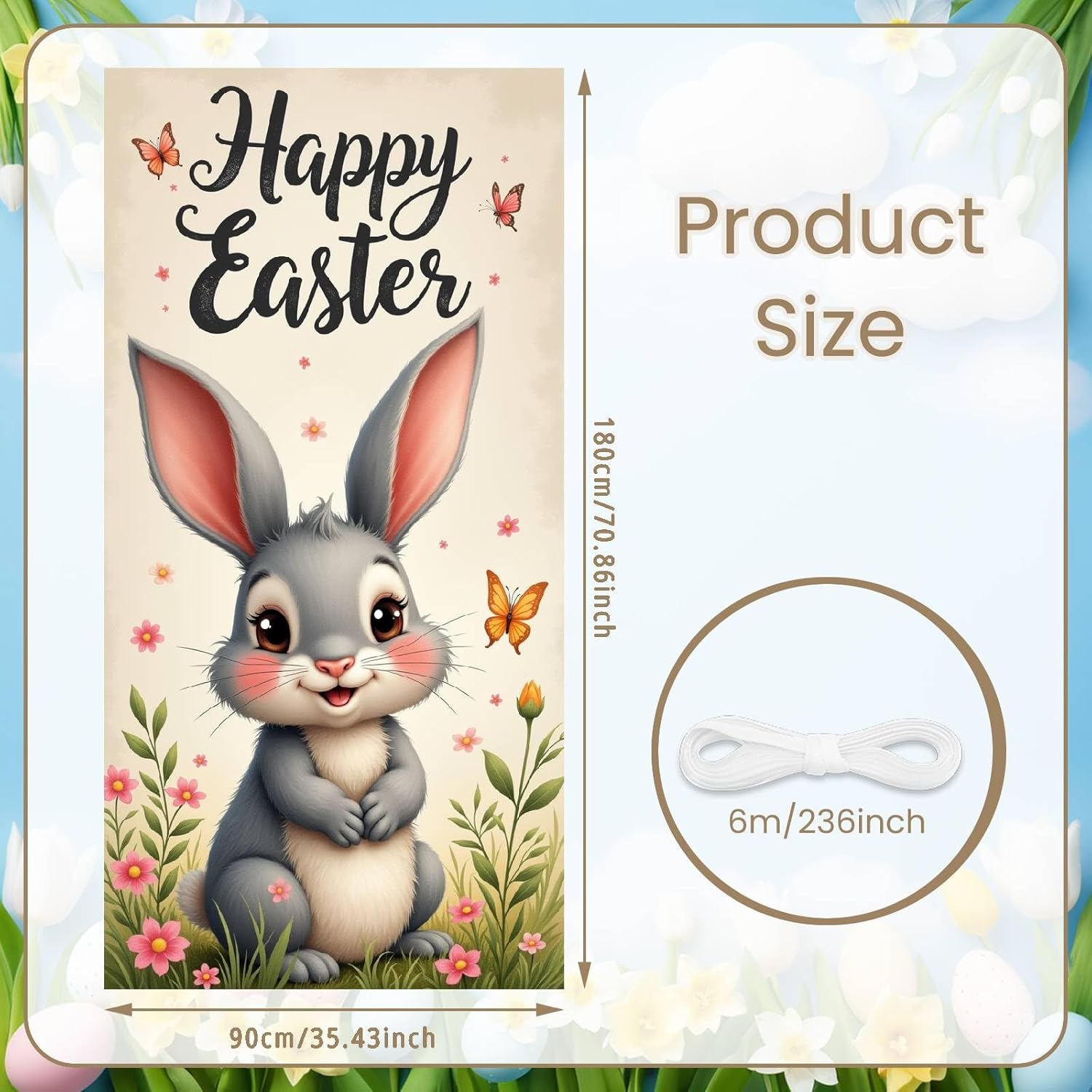 Happy Easter Door Cover Decorations Spring Rabbit Door Banner Easter Day Butterfly Porch Banner Sign Cute Bunny Front Door Cover Hanging Backdrop for Outdoor Indoor Holiday Party Decorations 71 x 35''