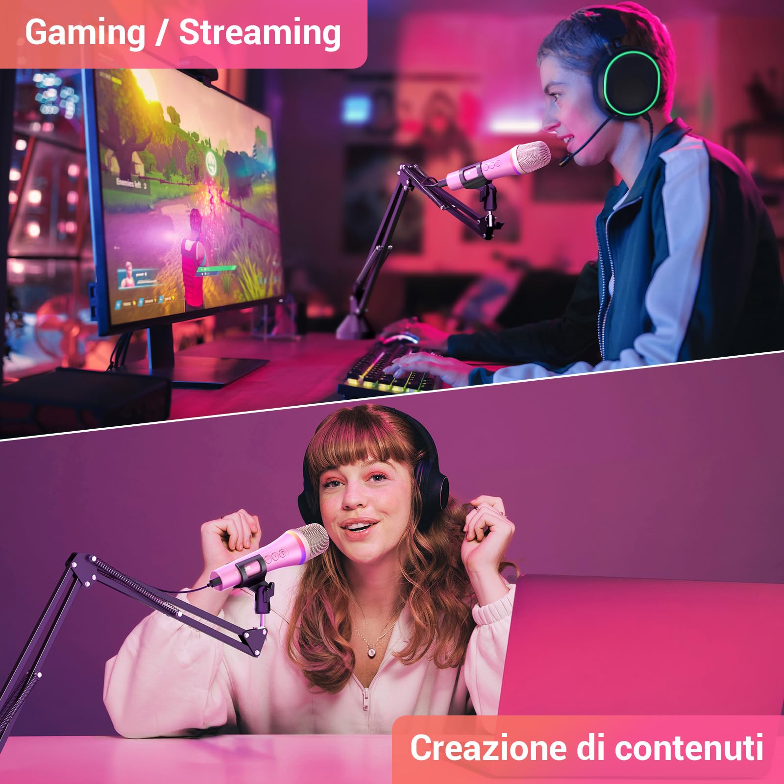 TONOR Microfono Dinamico USB/Tipo C per PC, Microfono da Gioco per Computer Podcast RGB con Supporto da Braccio per Registrazione, Live, Streaming, Youtube, Canto, Studio, Microphone per Karaoke Rosa