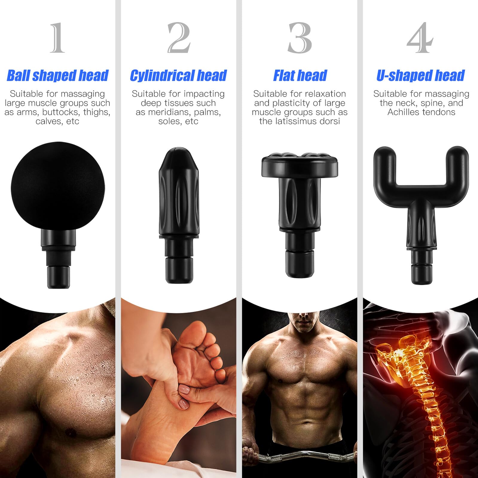 Masajeador Muscular Portátil USB con 4 Cabezales, Control Inteligente y Batería de Larga Duración para Masaje de Tejido Profundo y Alivio de Músculos en Casa