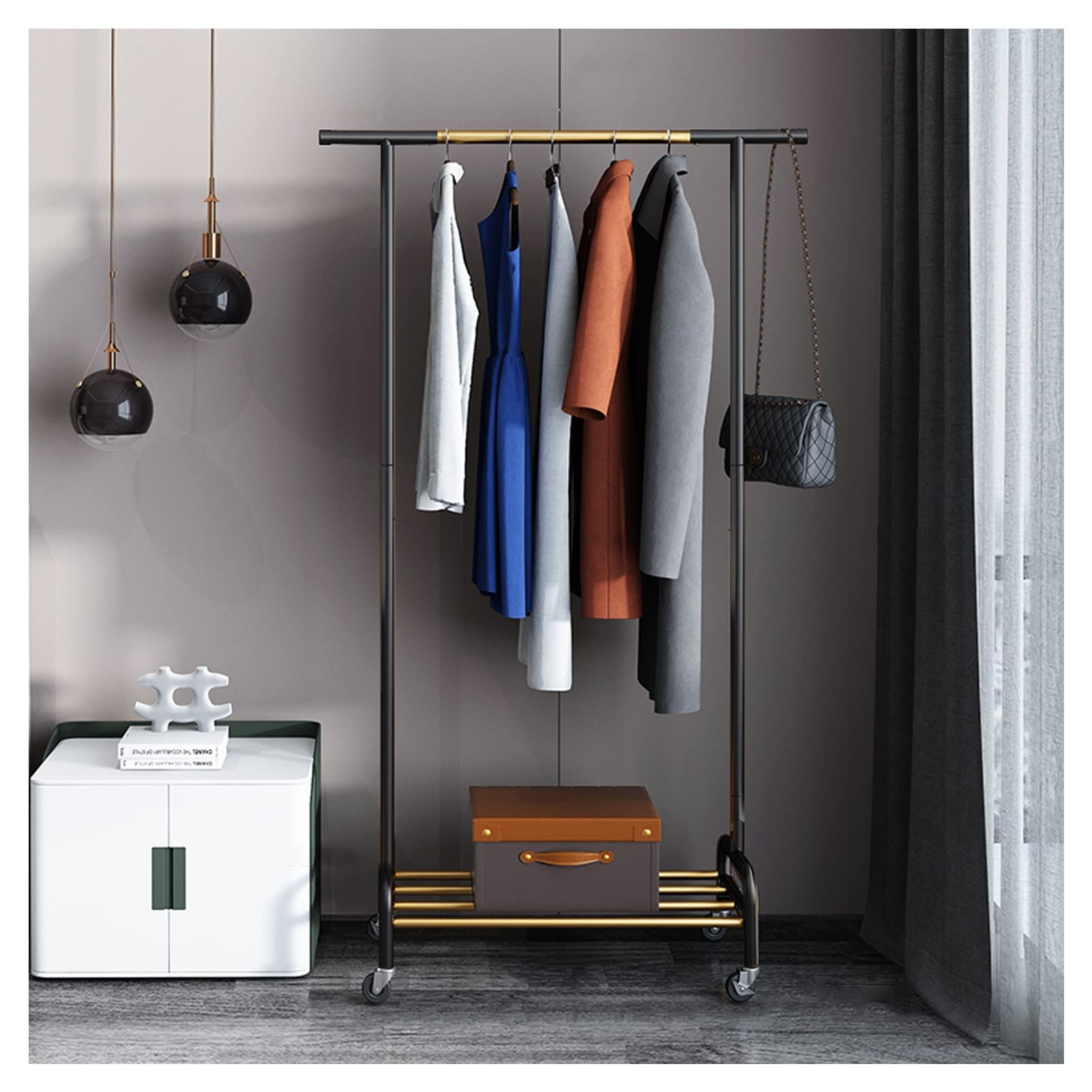 YNBSHGAA Clothing Rack, Clothes Hanging Rail Withers, Freestanding Hanger Garment Rack with Top Rod and Lower Storashelf/Gold/100Cm,Black-80Cm
