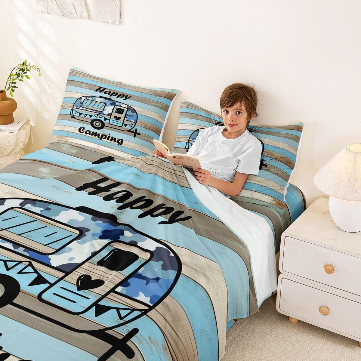Erosebridal Happy Camping Bed Sheets Set Old Barn Door Happy Glamping Trailer Queen Sheet Set for Teen Boys,Farmhouse Lodge Cabin RV Camp Travel Car Farmhouse Flat Sheet