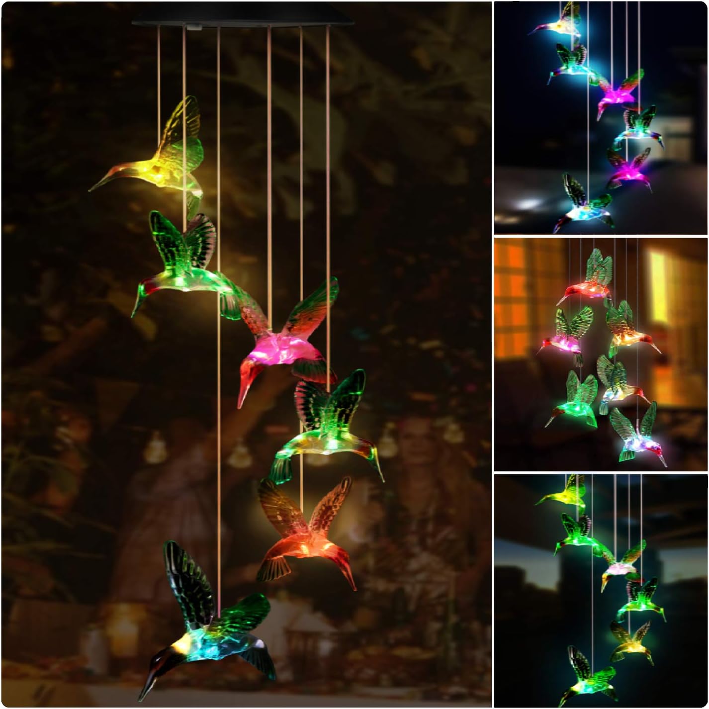 Kohree Solar Hummingbird Wind Chime, LED Color Changing Hummingbird Solar Lights Outdoor Hanging Solar Powered Wind Chimes Waterproof for Garden, Party, Thanksgiving, Festival Decor