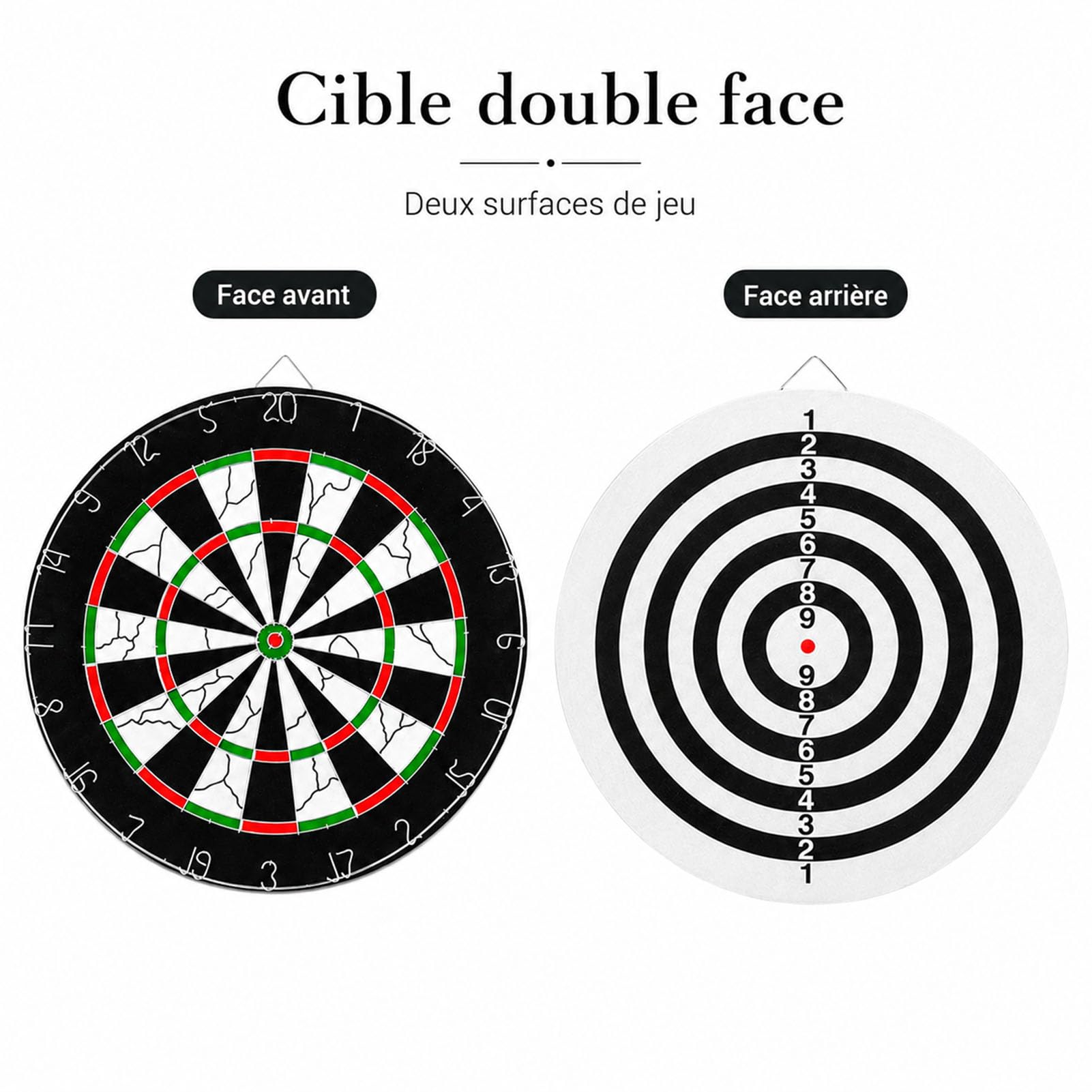 Cible de Fléchettes 45 cm, Jeu de Fléchettes avec 6 Fléchettes à Pointe en Acier, Double Face, Surface Floquée, 2,5 cm D'épaisseur, à Suspendre avec Crochet, pour Adultes, Salle de Jeux