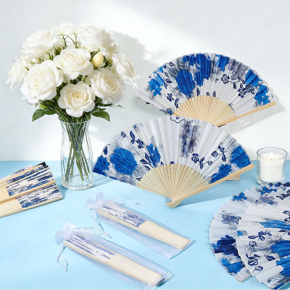 OLYCRAFT 18 Sets Weiße Chinoiserie Bedruckter Handfächer mit Organza Beutel Blaue Blume Porzellan Faltbarer Handfächer Retro Handfächer Handfächer Großpackung für Tanz Cosplay Hochzeitsfeier