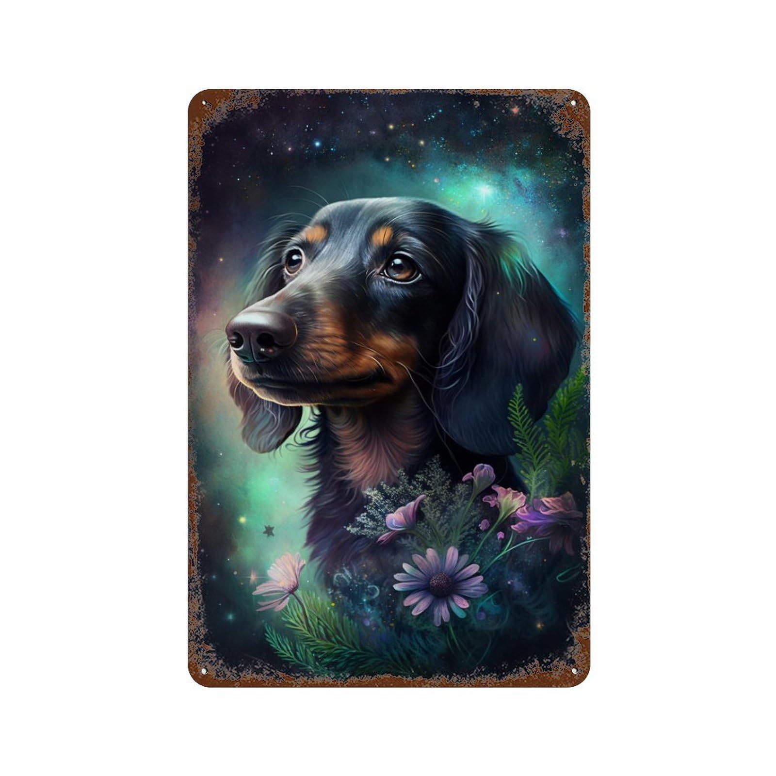 Galactic Dachshund with Flowers -4 Rust Effect Tin Sign 11.8"x7.9", Retro Wall Decor for Pub, Kitchen And Man Cave Decor