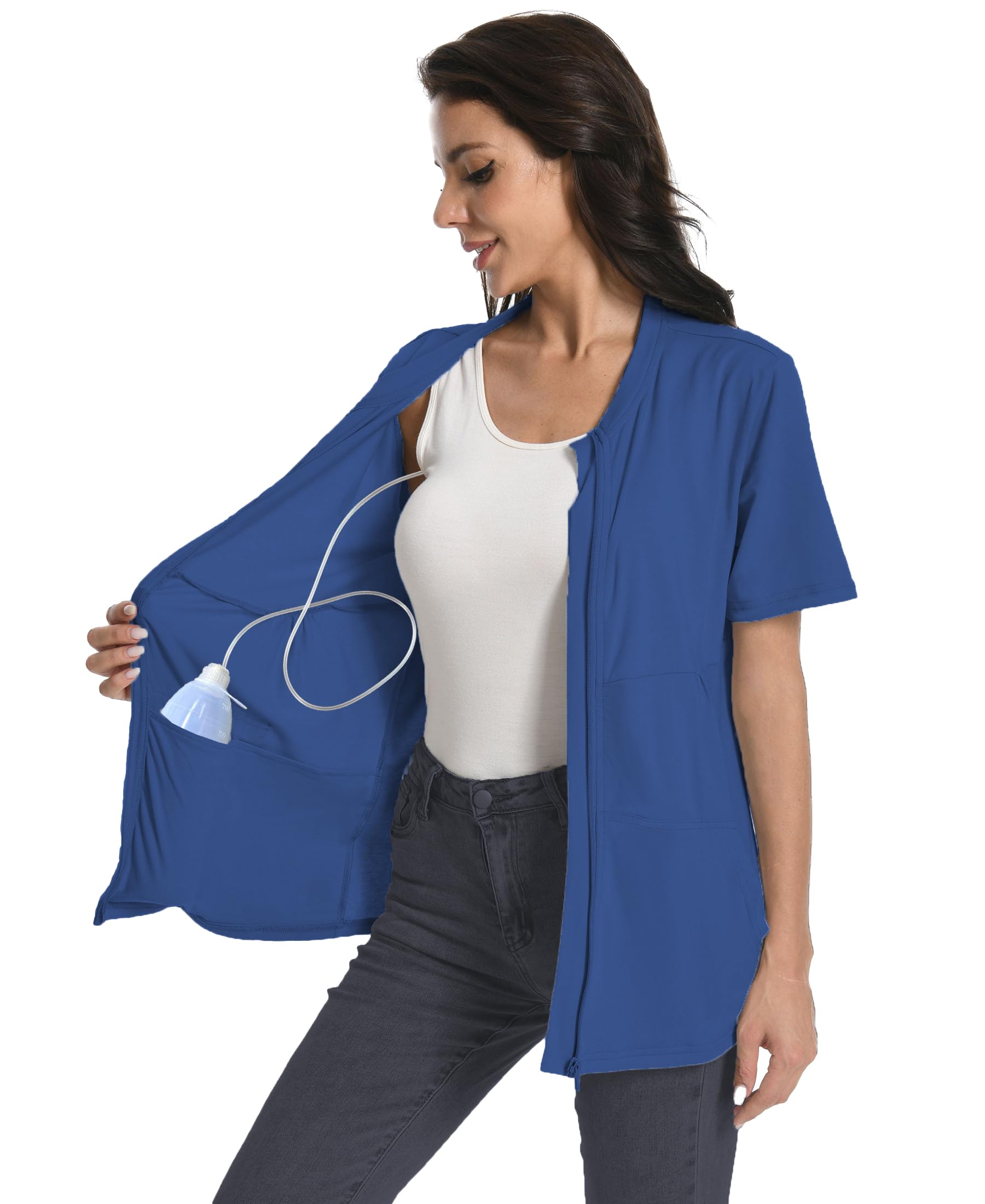 Post Mastectomy Zip Up Shirts with Drain Pockets Surgery Recovery Must Haves Clothing Comfy Short Sleeve Shirts