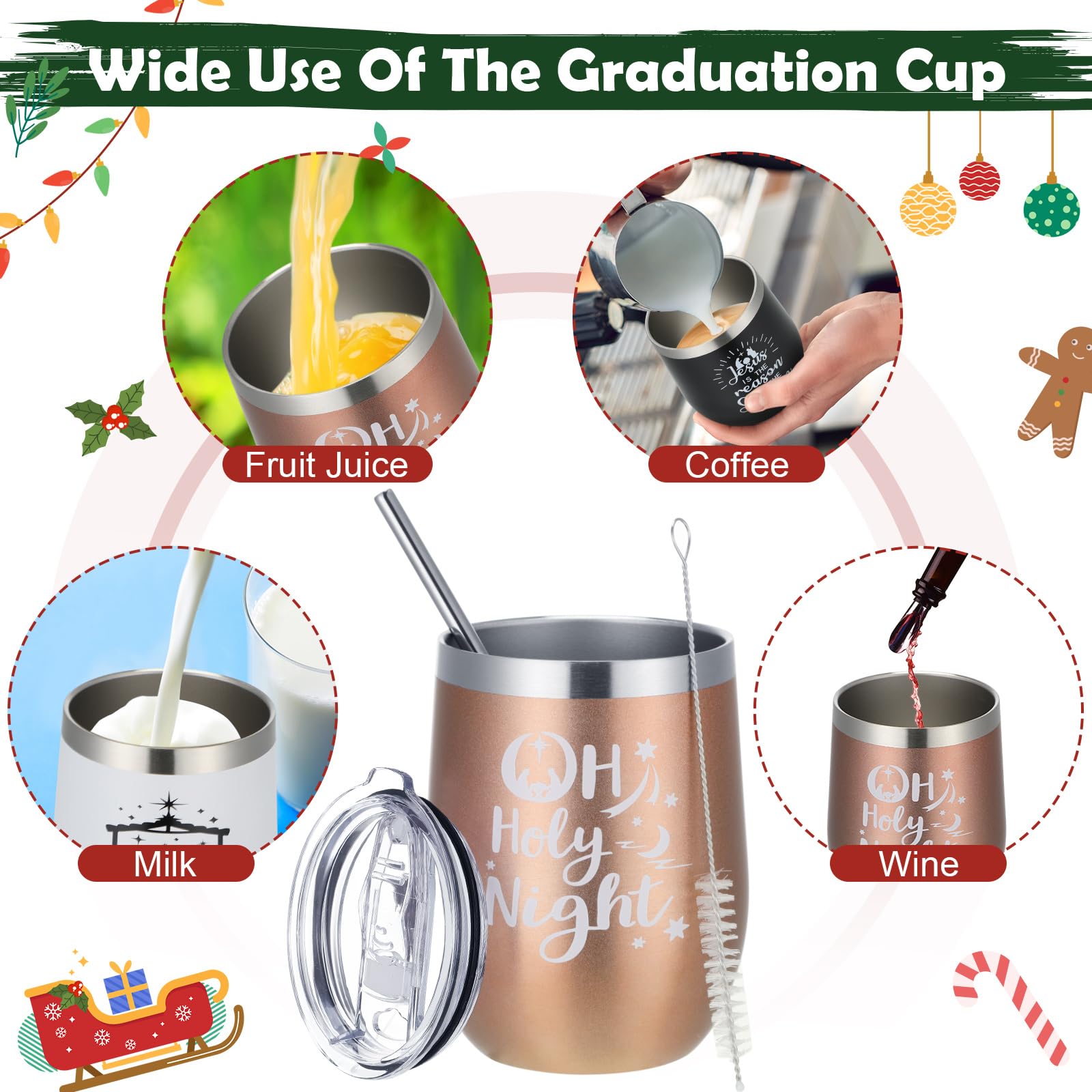 Gejoy Lot de 6 verres à vin de Noël avec couvercle - En acier inoxydable - Motif sapin de Noël - Tasse à café de voyage - Cadeau de vacances pour fête de Noël, mariage, 6 motifs - Crèche de Noël