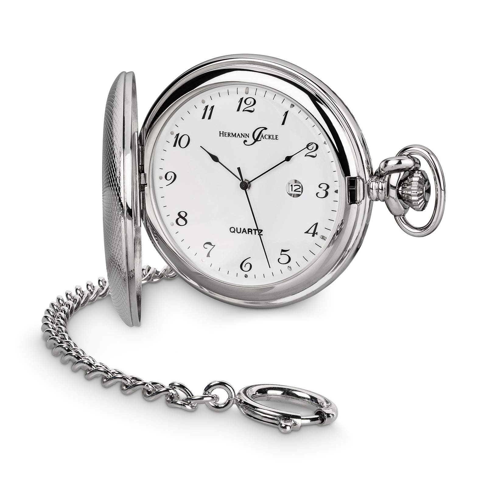 Hermann Jäckle Herren Taschenuhr Tübingen Quarz Silber 50 mm | Quarzwerk, Datumsanzeige, großes Zifferblatt, gut ablesbar, inklusive Kette und Reiseetui