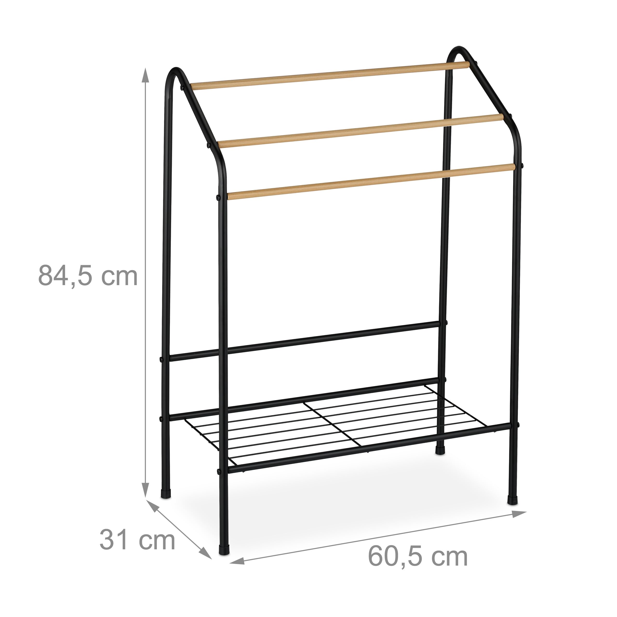 Relaxdays Porte-Serviettes, 3 Barres, avec étagère, Non Fixe, HxLxP : 84,5 x 60,5 x 31 cm, Noir et Nature