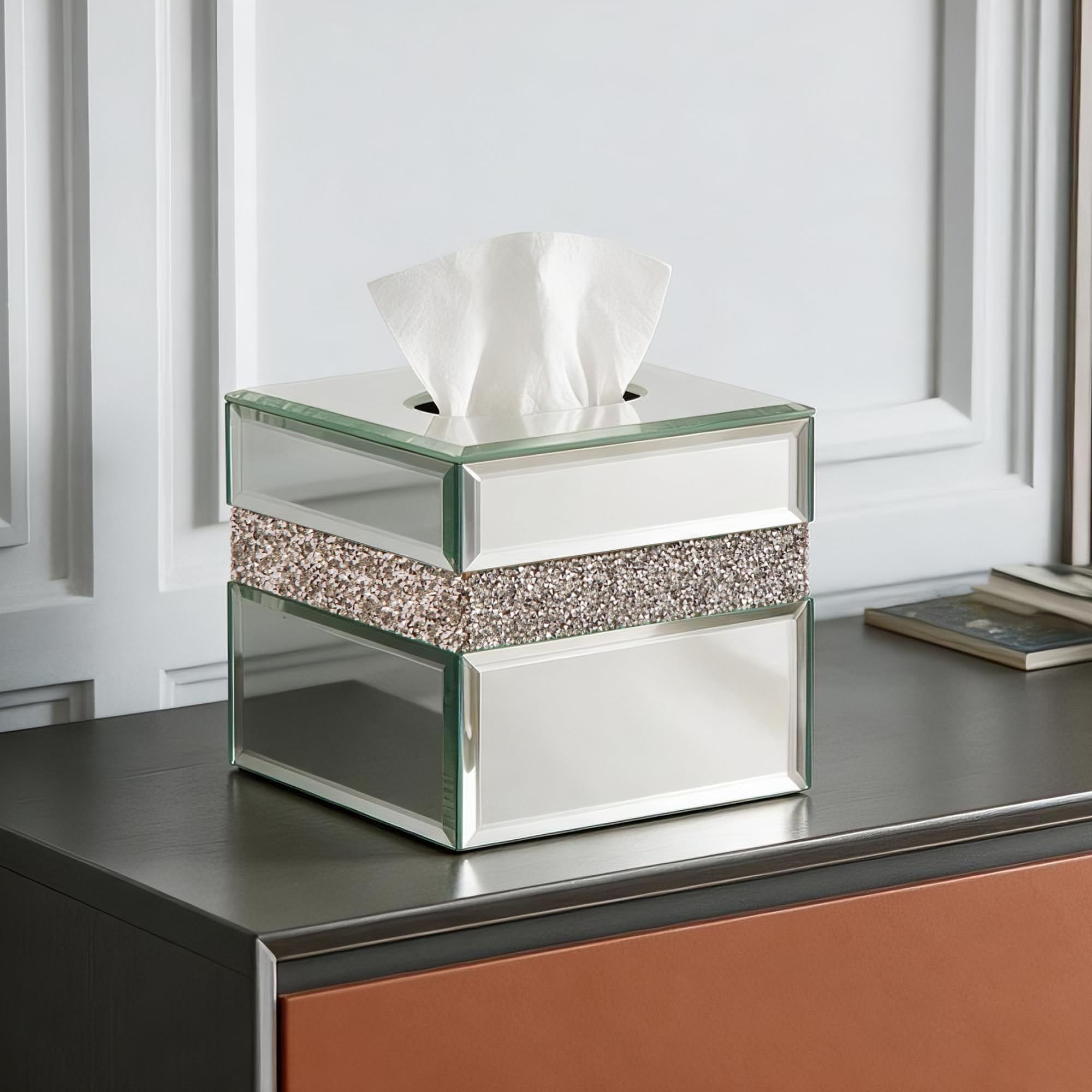 Square Mirror Glass Tissue Box Cover Crushed Diamond Inlay