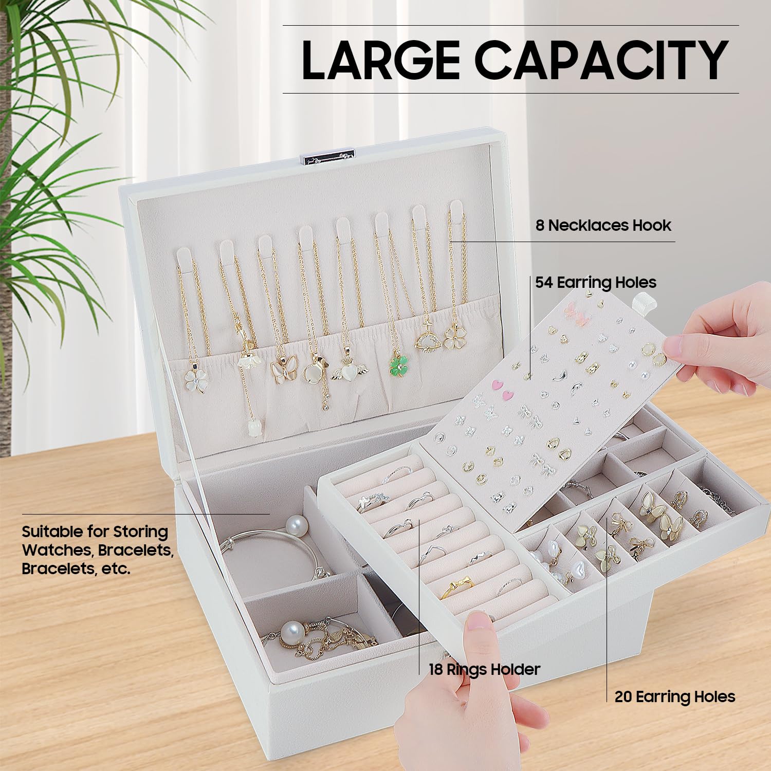TEIVUL Joyero de piel sintética de 2 capas con llaves y paño de limpieza para anillos aretes collares