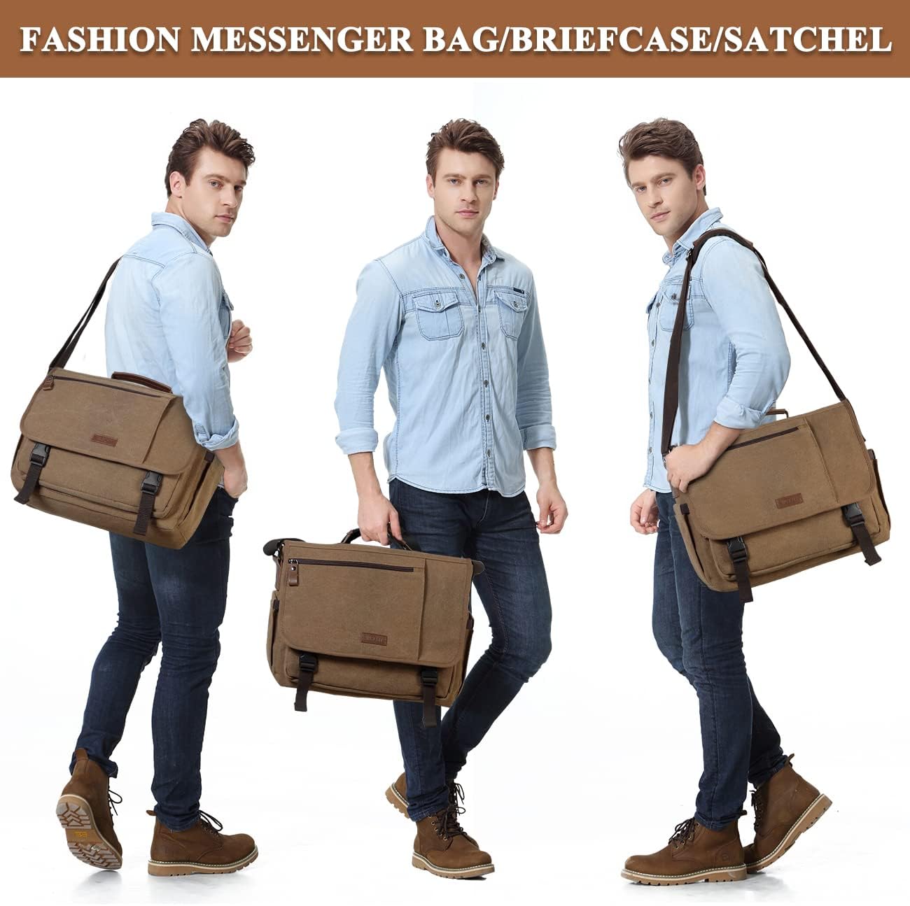 VASCHY Messenger Bag for Men,Canvas Briefcases 15.6in Laptop Bag Crossbody Satchel Computer Bags for Work Office Women
