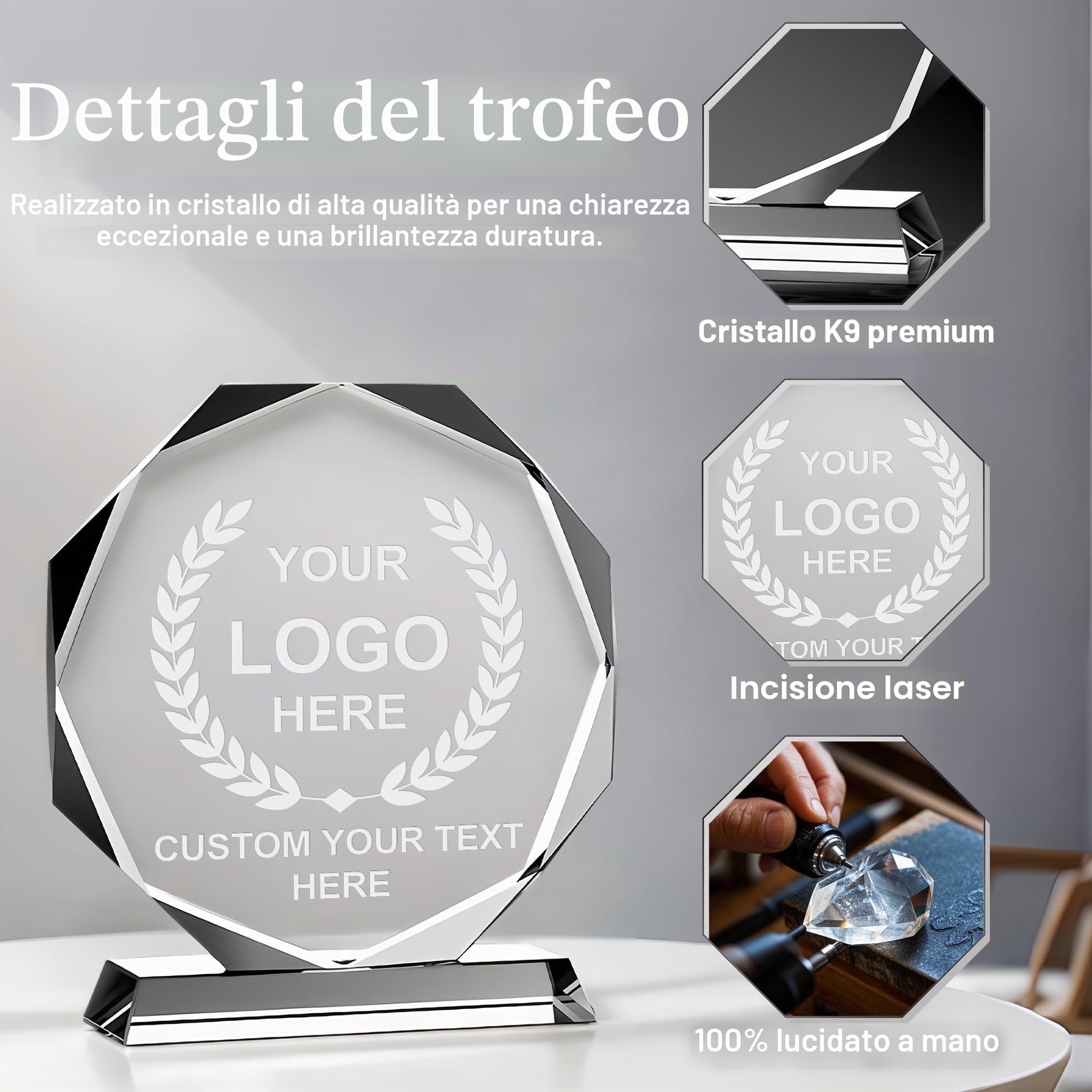 Premio Trofeo di cristallo personalizzato, targa premio in cristallo con incisione personalizzata con il tuo logo/emblema/testo, premi personalizzati e trofei per sport, eventi aziendali