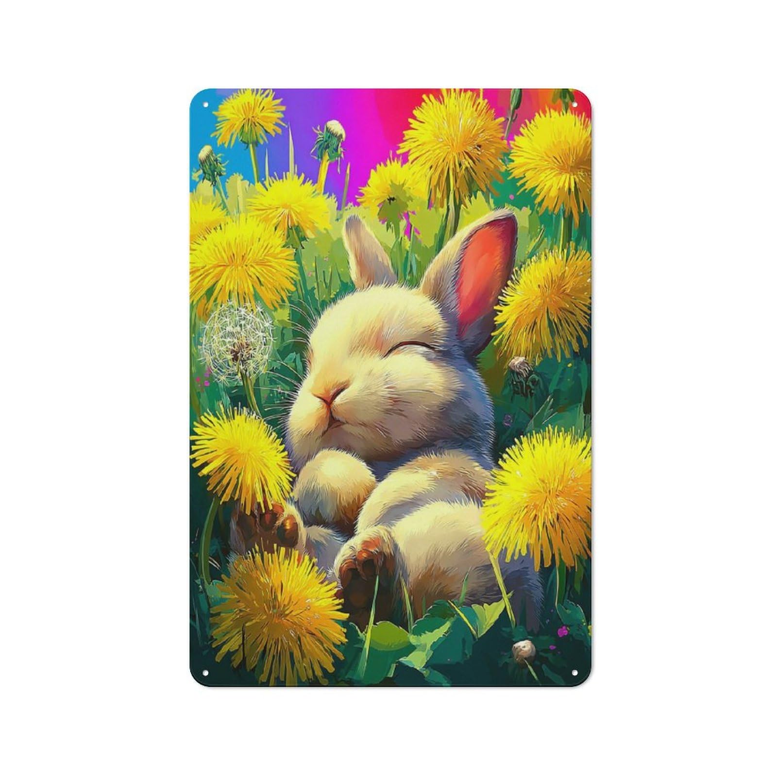 Junmoney Sleeping Bunny In Dandelion Field -4 Office Metal Sign With Design 30X20cm, Classic Study Room Decor For Office, Study, Studio Or Hallway