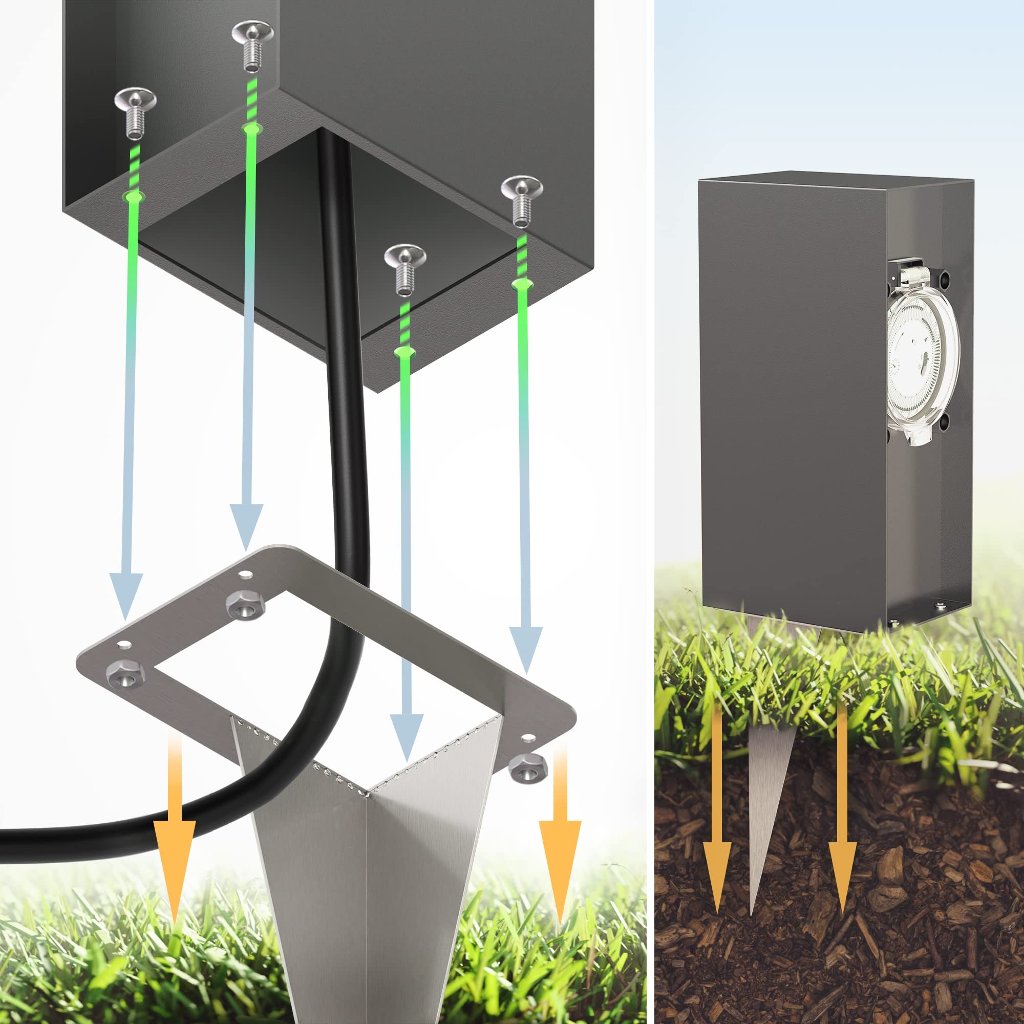 ledscom.de Garten-Steckdosensäule POMI mit Erdspieß und 2m Kabel für außen, IP44, Timer/Zeitschaltuhr, 2-Fach, anthrazit, eckig, 23cm