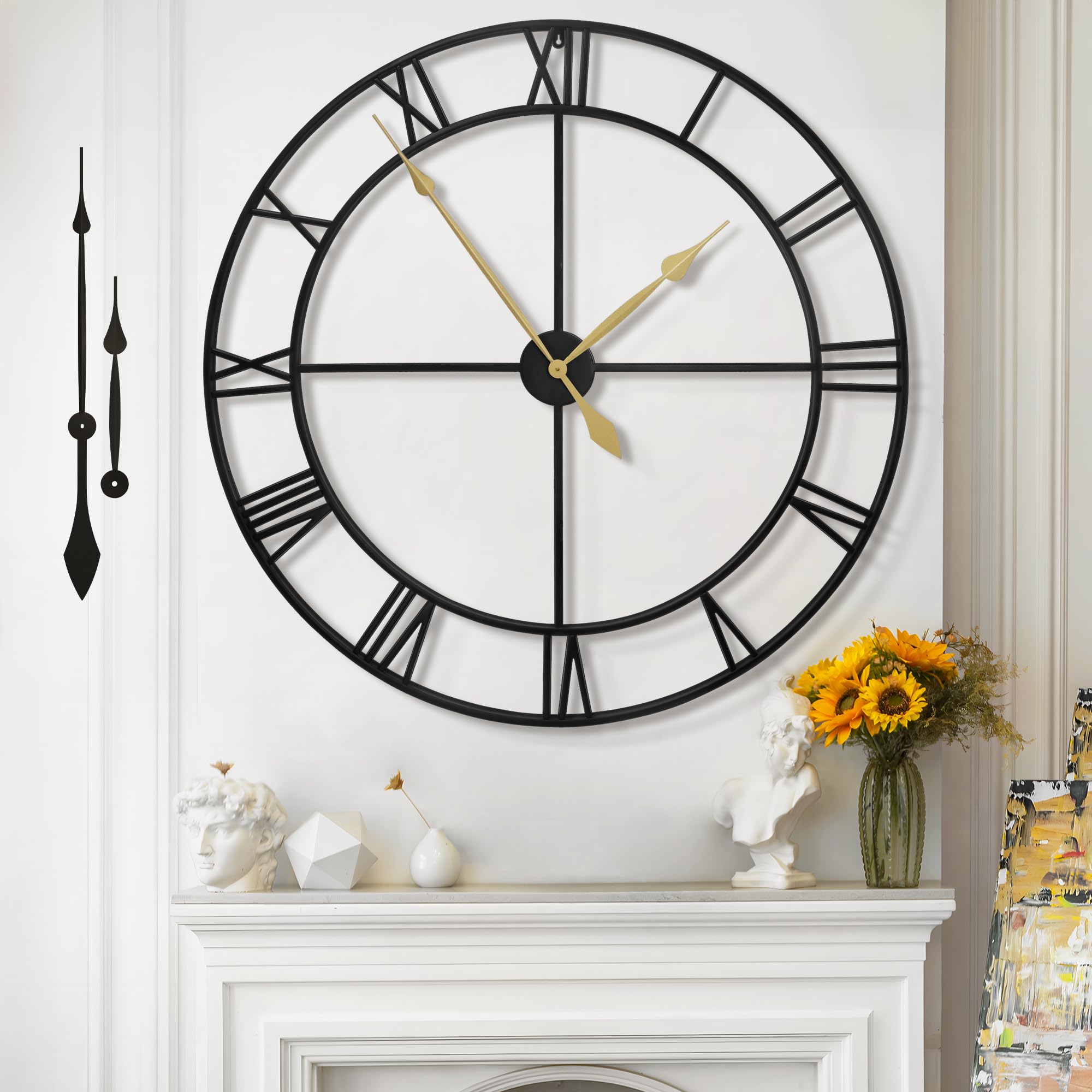 Mee 2ou Extra Large Wall Clock - 100CM Non Ticking Metal Wall Clock Roman Numerals Vintage Silent Battery Operated Decorative For Living Room, Bedroom, Kitchen Decor