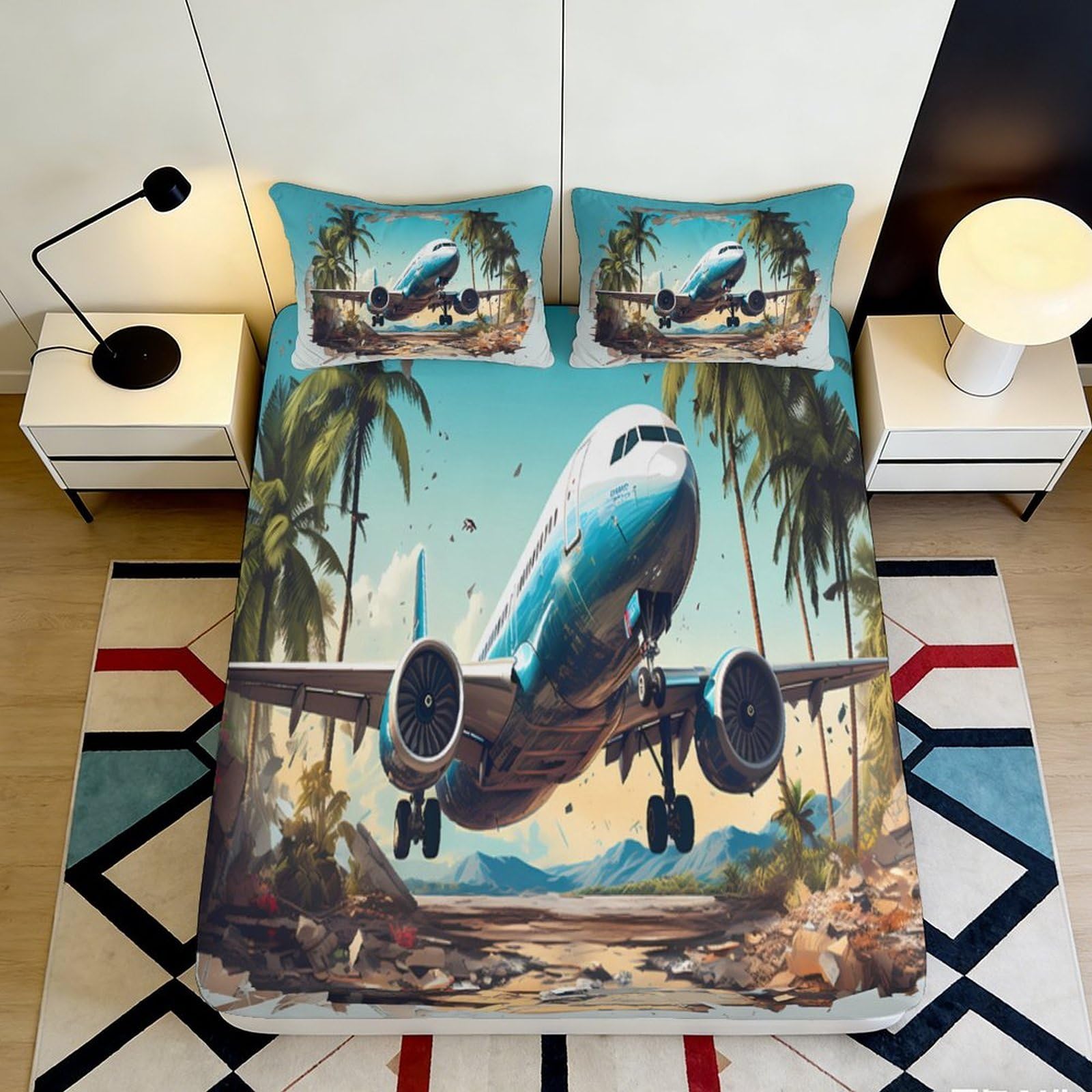 3D Printed Airplane 3D Fitted Sheet Microfiber Soft Breathable Tropical Landscape Bed Cover for Bedroom Dormitory Guest Room Mattress Protection 120x200x25cm