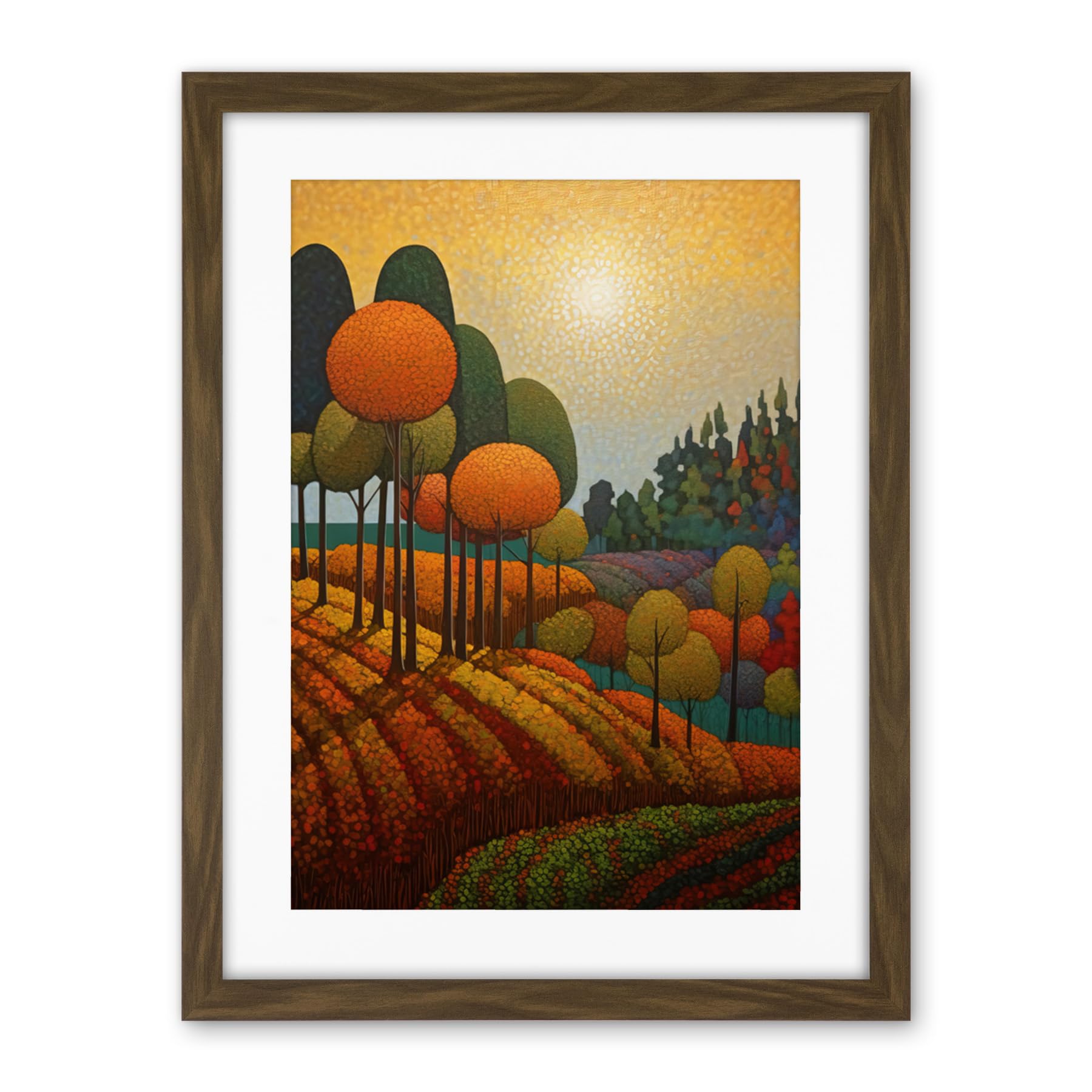 Artery8 Autumn Fields Pointillism Painting Amber Orange Green Countryside Landscape Artwork Framed Wall Art Print 18X24 Inch