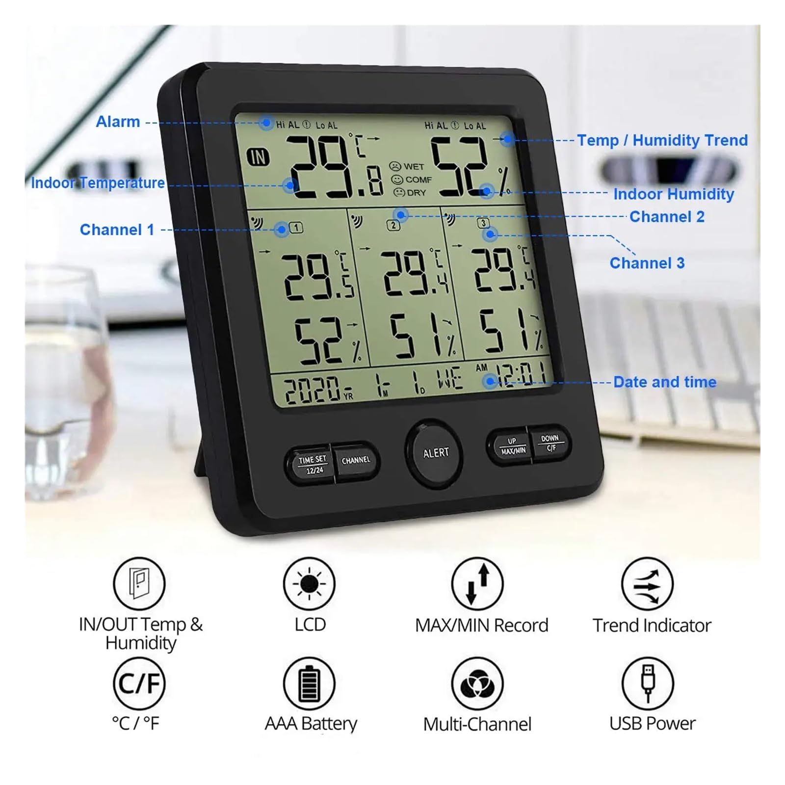 Stazione Meteorologica Professionale Termometro Wireless Digitale For Interni Ed Esterni Igrometro 3 Sensori Remoti Con Calendario Del'orologio Di Avviso Preciso Veloce Monitoraggio In Tempo Reale