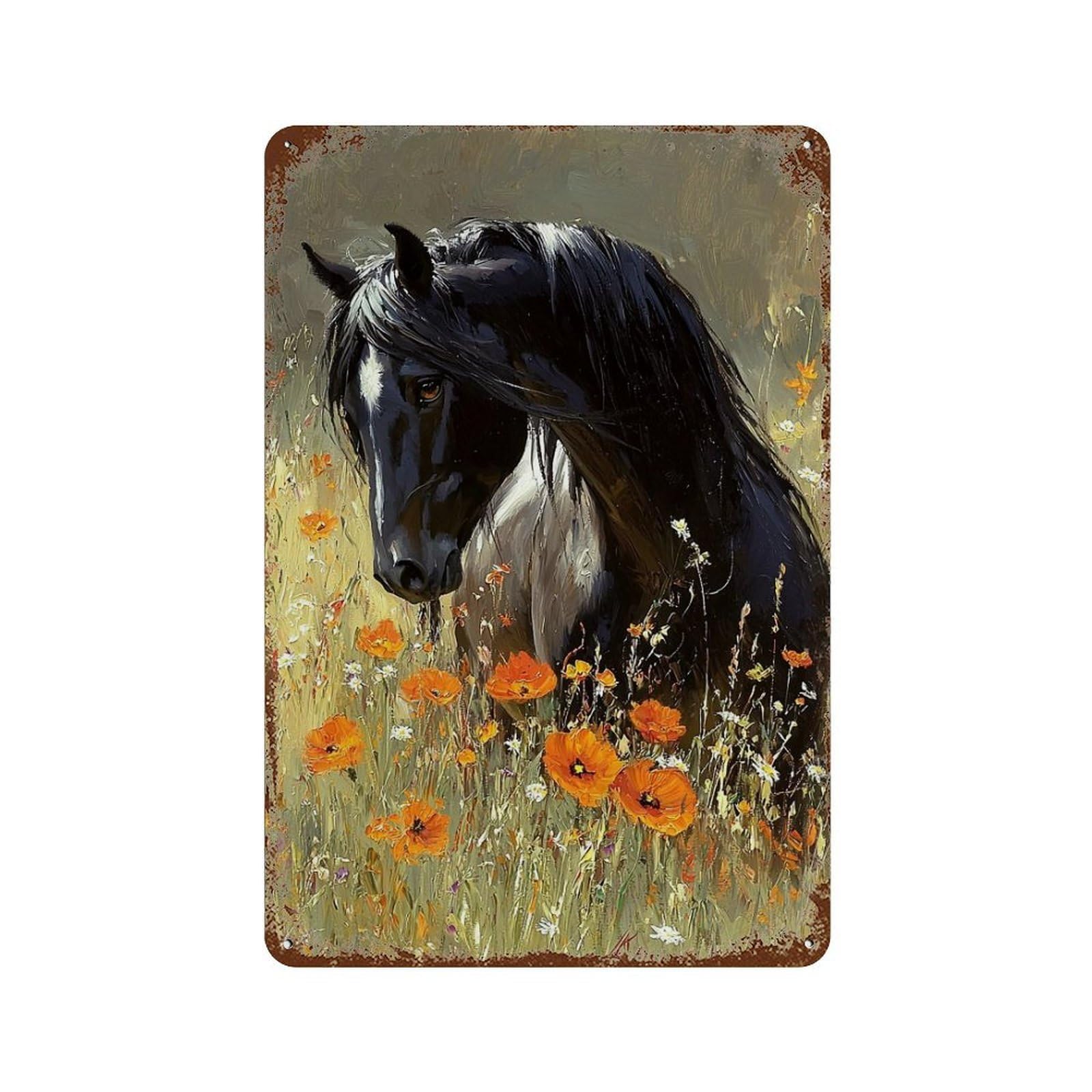 Black Horse in Wildflowers Retro Metal Sign 11.8"x7.9", Novelty Wall Decor for Farmhouse, Kitchen And Entryway Decor