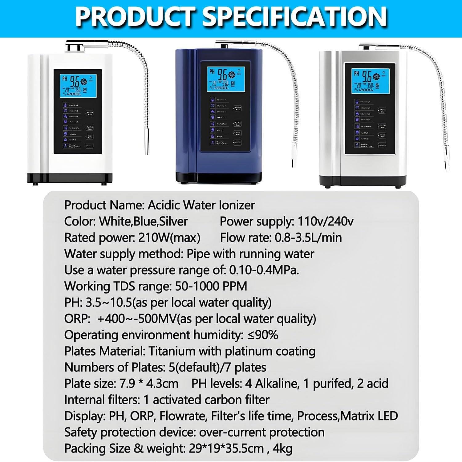 Ionizzatore per Acqua alcalina LCD da 3,8 Pollici, purificatore PH3,5-10,5, Filtro per Acqua Potabile alcalina acida Domestica, 8000 Litri per Filtro, Comando vocale Intelligente White