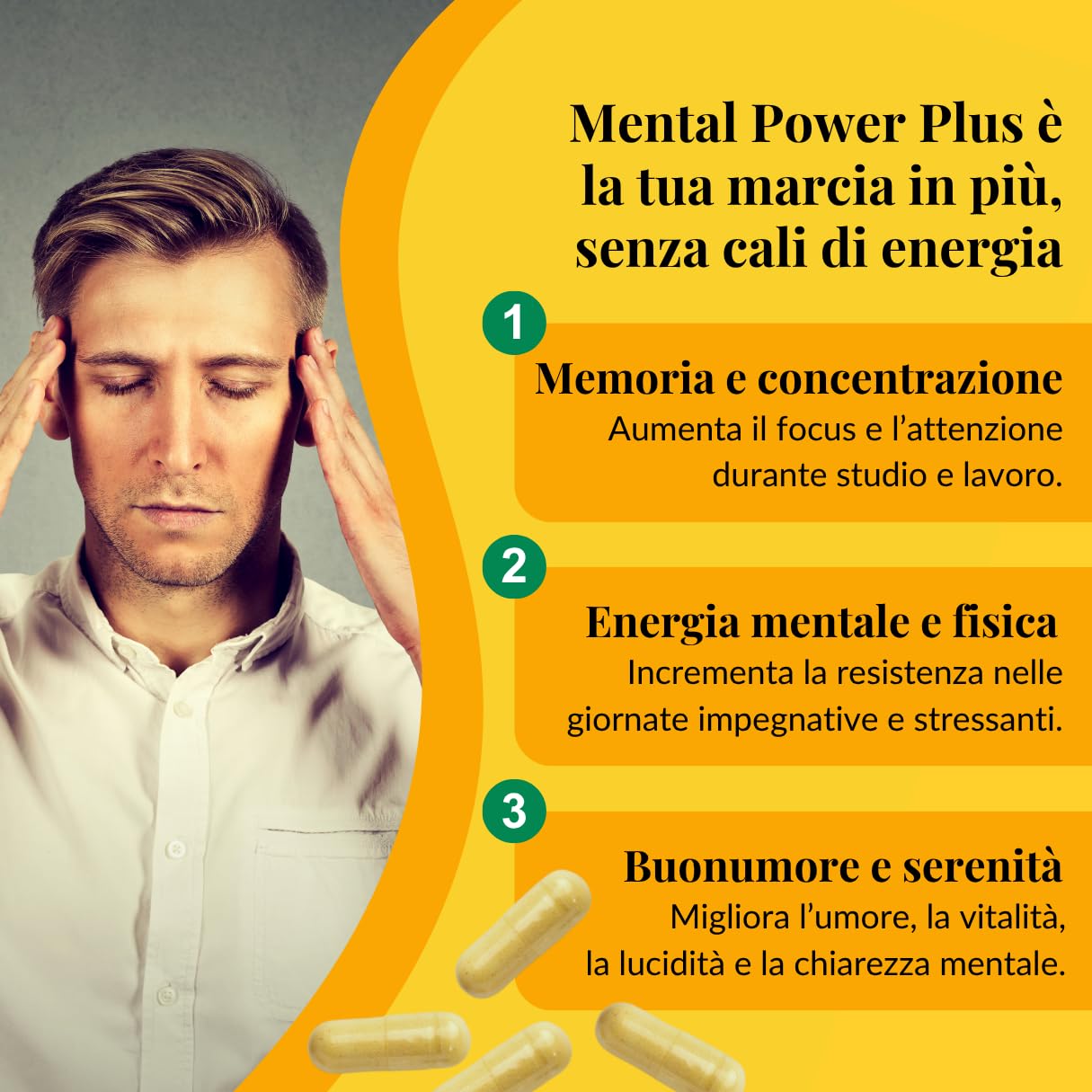 Mental Power Plus, Integratore Energia Mentale con Rodiola, Ginkgo Biloba, Eleuterococco, Vitamine B1, B2, B6, e B12 per Memoria e Concentrazione, Buon Umore, Contro Stress e Stanchezza