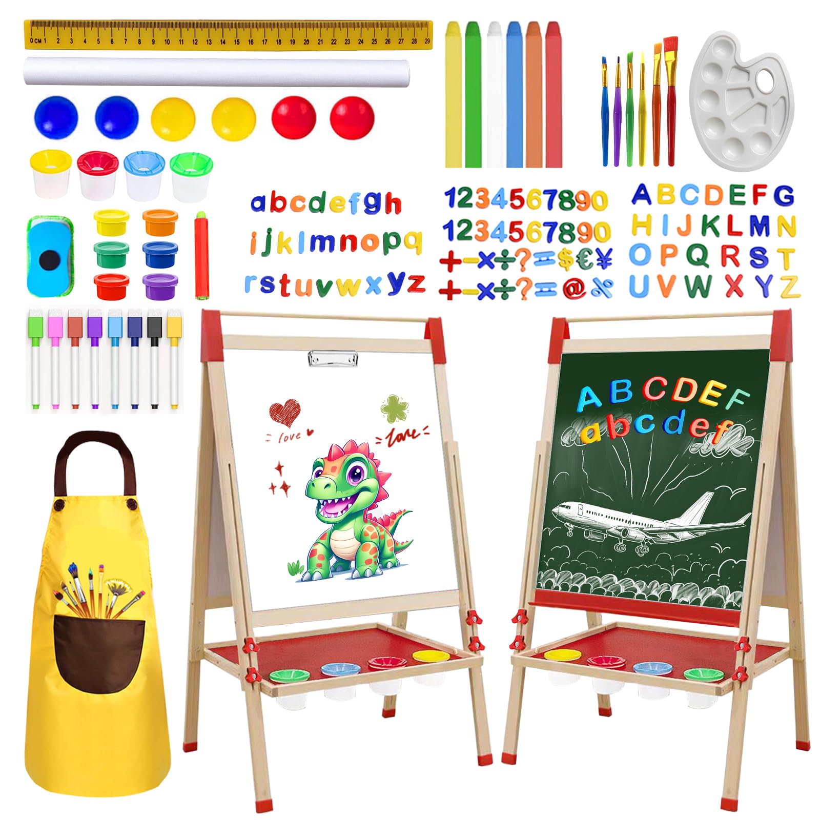 Juivin Double Sided Chalk & White Board Magnetic Art Easel for Kids, Adjustable Height Wooden Easel with Alphabet Numbers, Paper Roll, Educational Toys for Toddlers