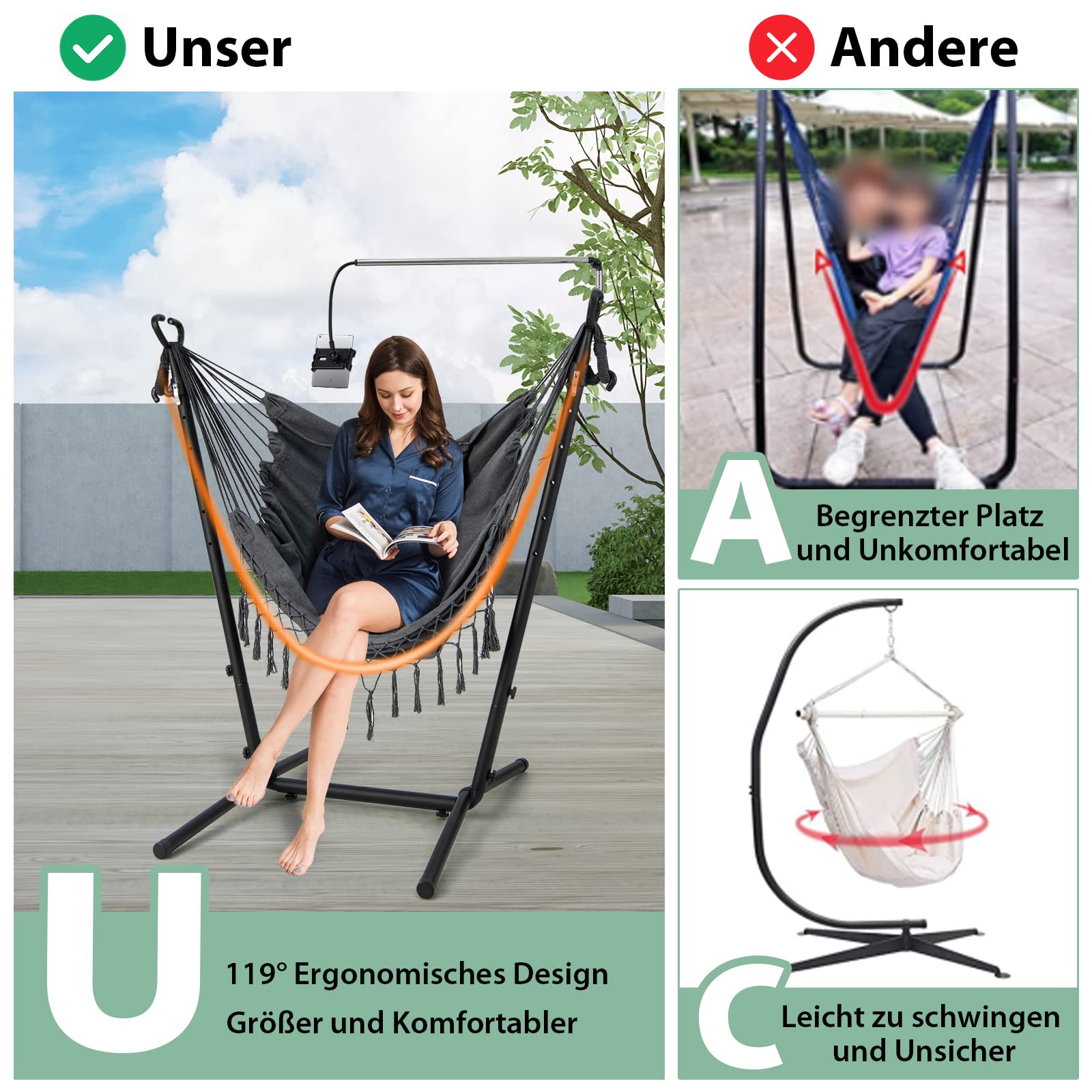 COSTWAY Hängesessel mit Gestell, höhenverstellbarer Hängesitz mit Handyhalter, Kissen & Seitentasche, Hängestuhl Hängeschaukel bis 250 kg belastbar, Hängesesselgestell für Indoor & Outdoor (Grau)