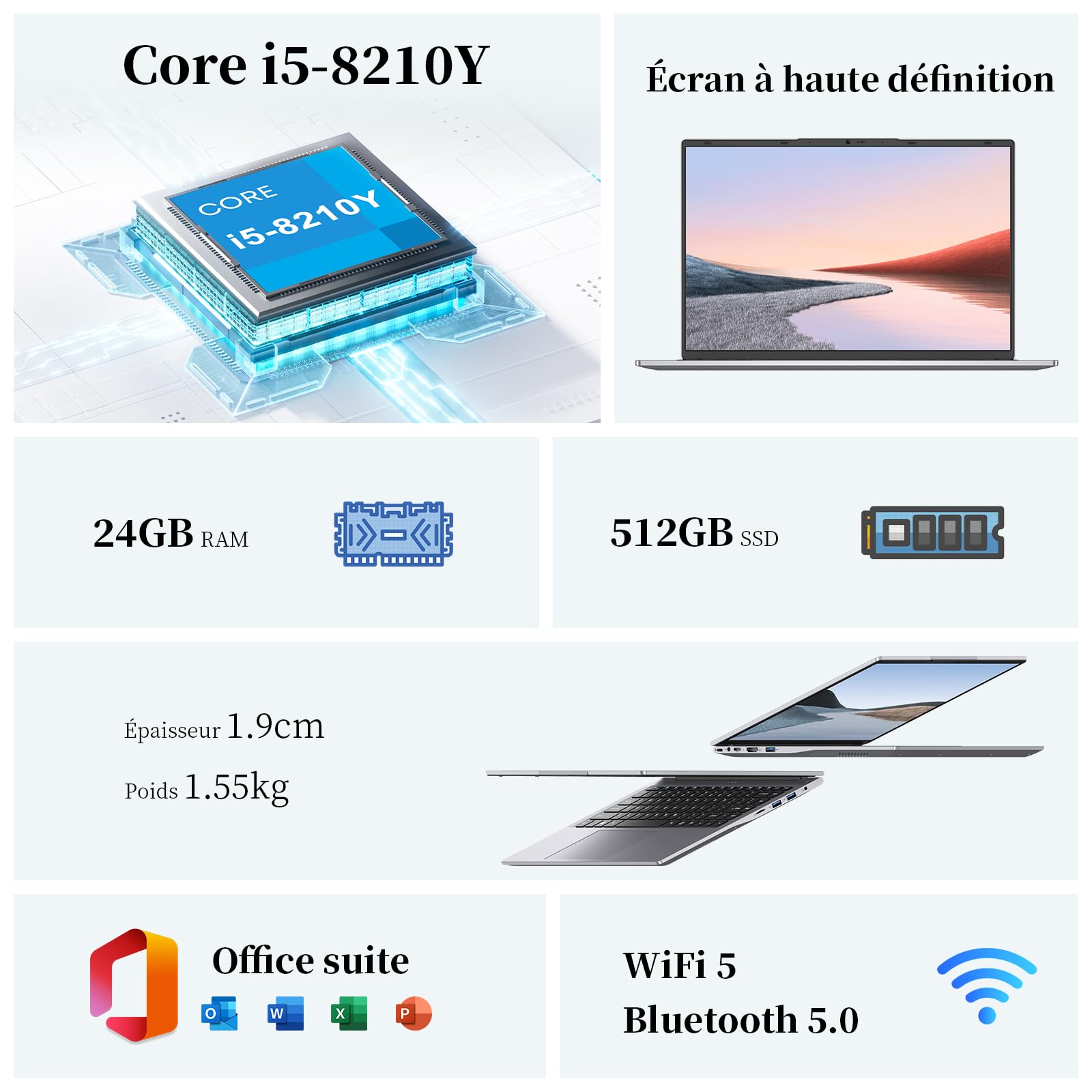 Ordinateur Portable 15,3" Core i5 (Jusqu'à 3,6 GHz),24 Go RAM 512 Go SSD, PC Portable, Écran 1920x1200 100% sRGB avec HDMI et USB-A, Autonomie Prolongée