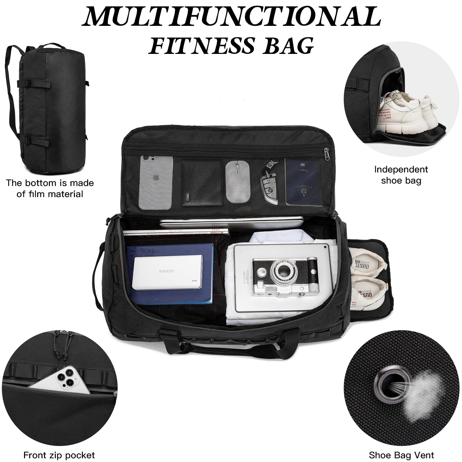 Lyweem Sports Gym Bag Mens, Large 60L Tactical Travel Duffle Bag with Shoes Compartment Women, Overnight Duffel Bag Backpack - Image 3
