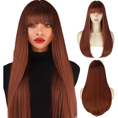 ENTRANCED STYLES Auburn Wigs for Women Long Straight Wig with Bangs Reddish Brown Wig Colored Cosplay Wig Heat Resistant Synthetic Copper Red Wig for Daily Party Use 22 Inch