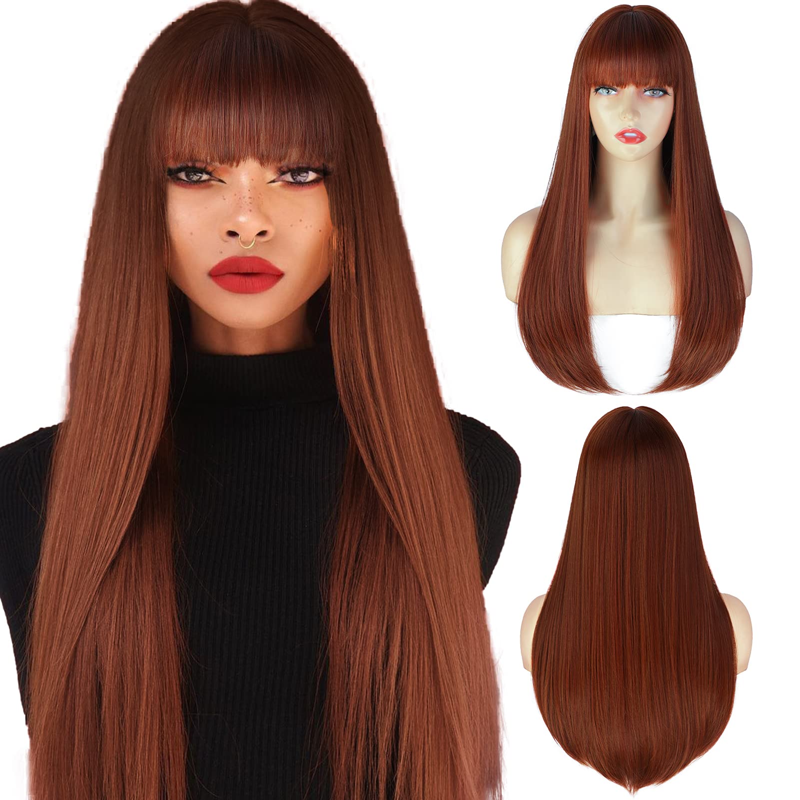 Womens Long Auburn Reddish Wig With Bangs Amazon.com : HAIRCUBE Auburn Wig with Bangs Long Hair With  main image 4