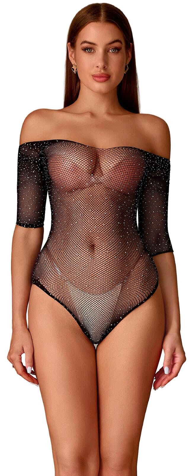 Body sexy para mujer, con diamantes de imitación, manga larga, red de malla, sin tirantes, vestido sexy, trajes