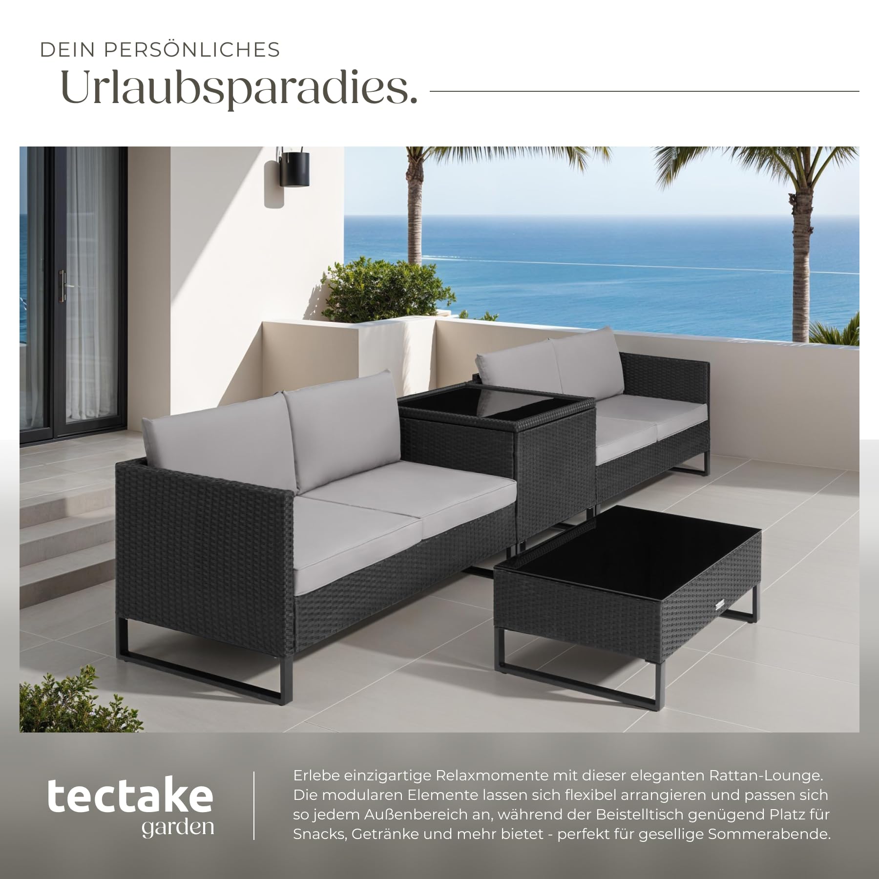 tectake® Poly Rattan Lounge Sitzgruppe, Gartenmöbel Set mit Sofa, Tisch mit Glasplatte, Auflagenbox, Outdoor Kissen wetterfest, Möbel für Garten, Balkon, Terrasse oder Wintergarten - schwarz