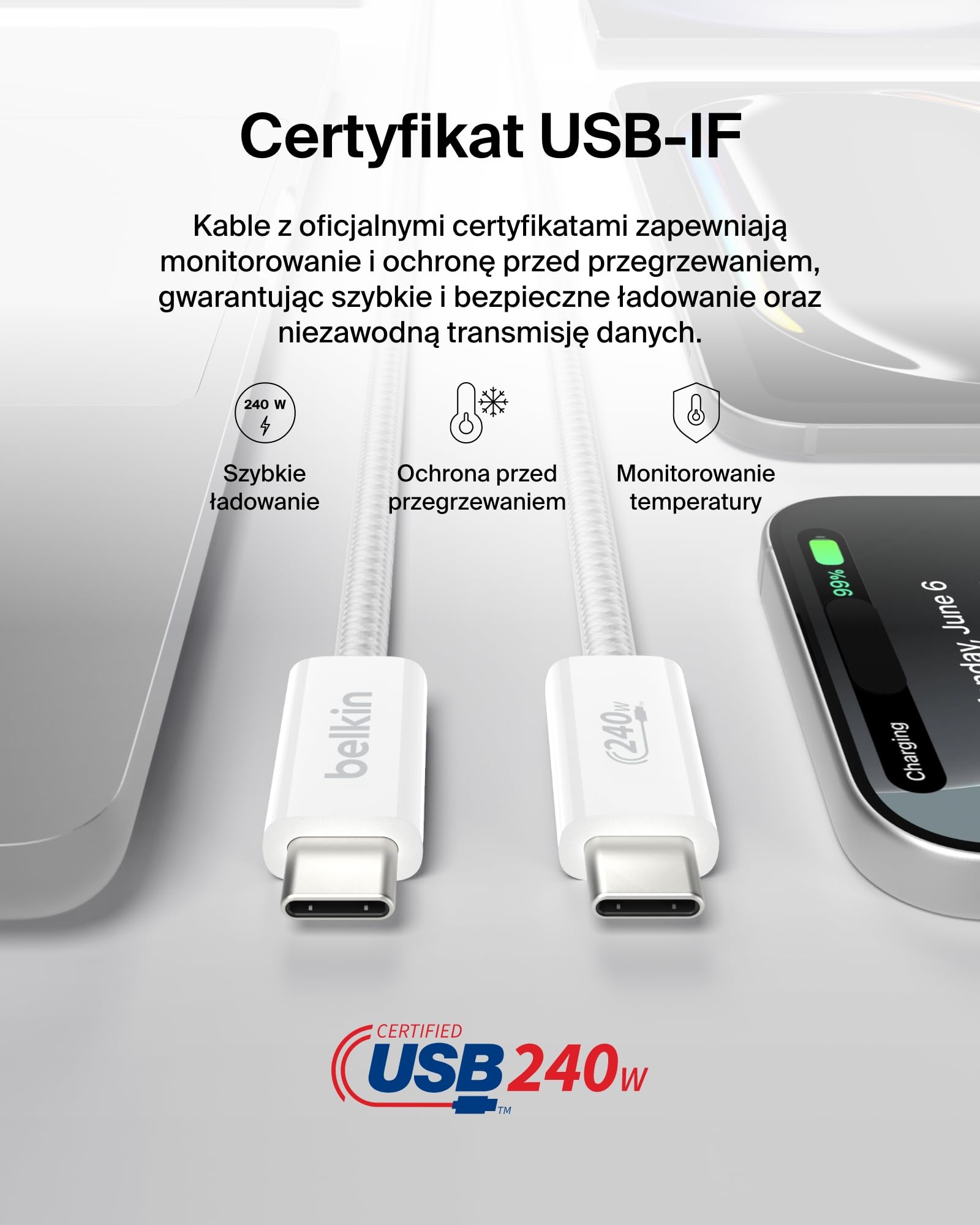 Belkin 2 szt. Kabel w oplocie USB-C na USB-C 240 W o długości 1,5M, – miękki Kabel typu C do szybkiego ładowania urządzeń iPhone serii 17 i 16, Galaxy S25, Pixel 10, iPad Pro i innych – biały