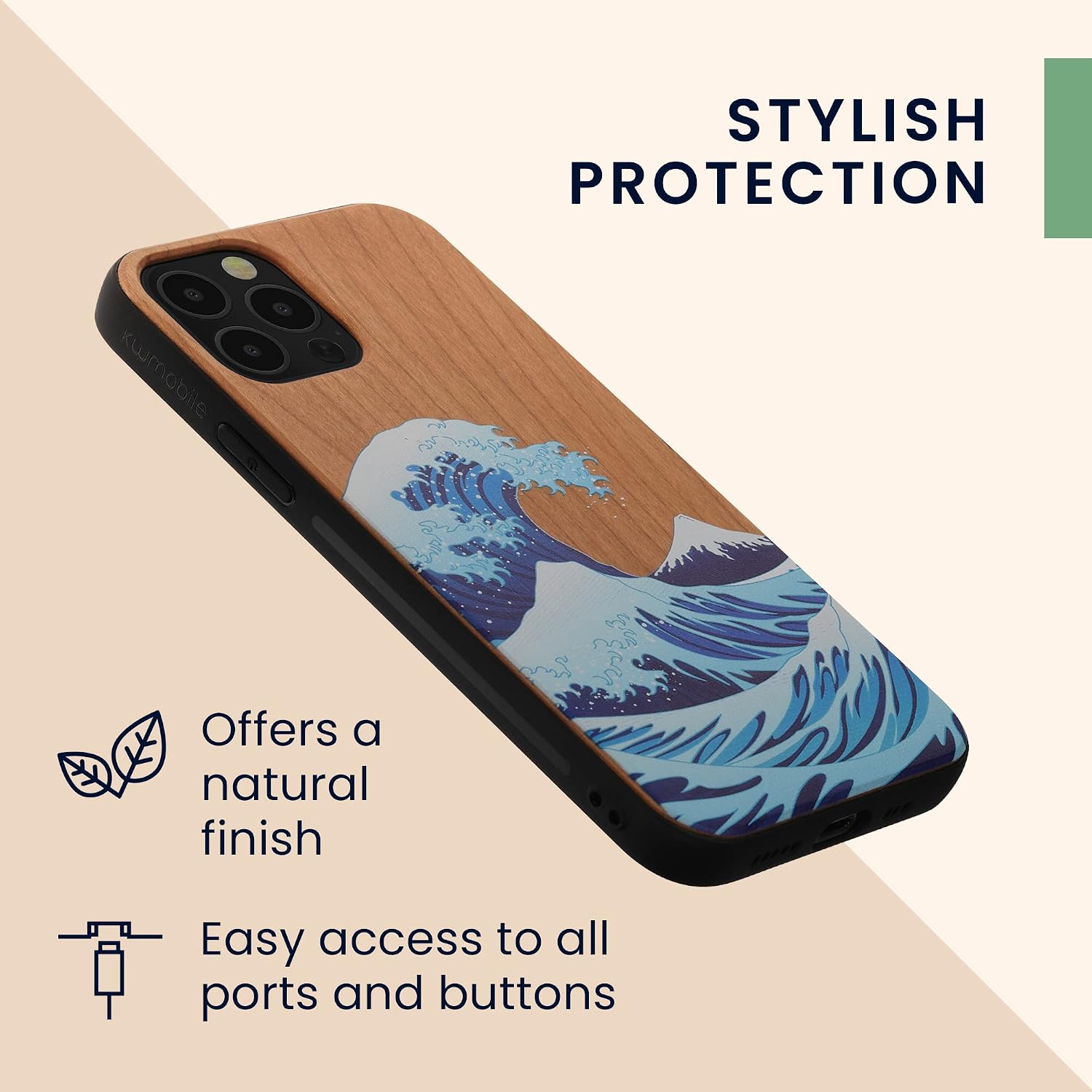 kwmobile Wood Case Compatible with Apple iPhone 12 / iPhone 12 Pro Case - Cover - The Great Wave Blue/White/Brown