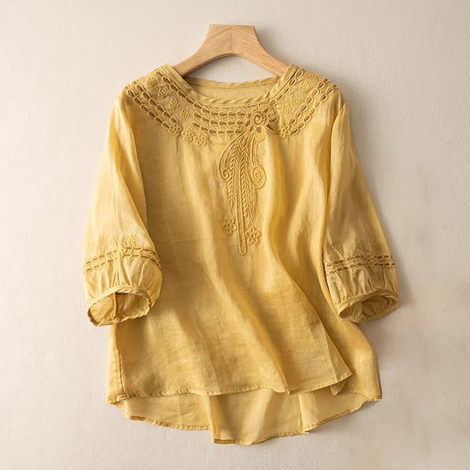 Linen Shirts for Women Summer 2025 Retro Embroidered 3/4 Sleeve Boho Tops Dressy Casual Blouses Teacher Loose Tunics