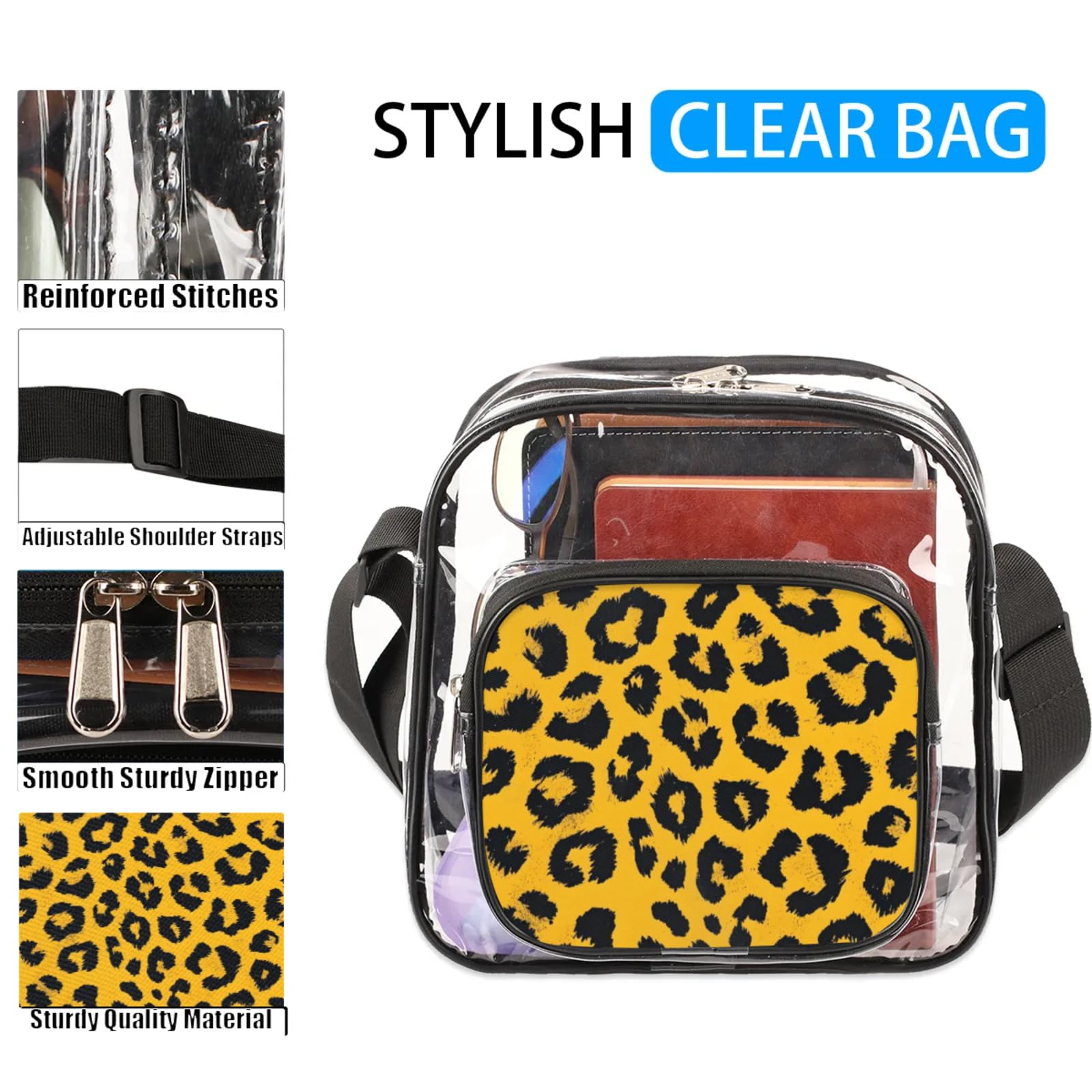 Clear Crossbody Bag Stadium Approved Leopard Animal Texture Transparent Bag for Festivals, Sports Events, Concerts,Beach Bag for Women Men Clear Purse with Front Pocket Messenger Bag