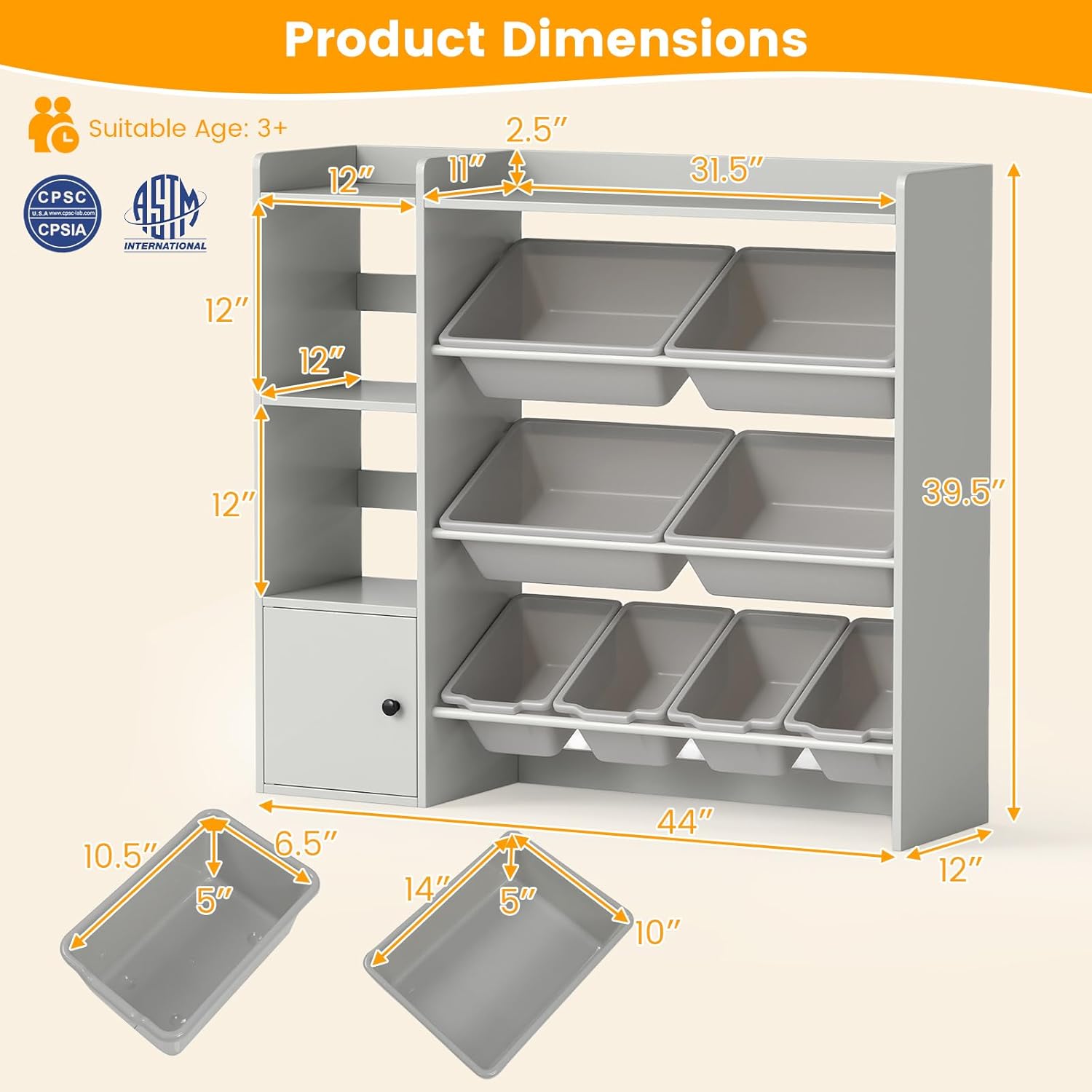 HONEY JOY Kids Toy Storage Organizer, 44" L Wooden Bookcase Cabinet w/ 8 Removable Bins, Open Shelves, Kids Display Bookshelf for Bedroom, Playroom, Classroom & Nursery (Gray)