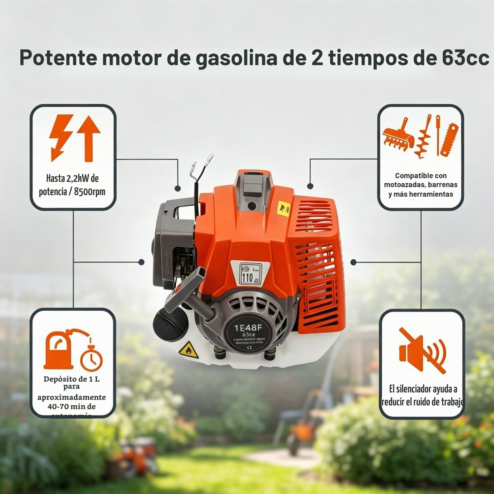 Motor de gasolina de 2 tiempos de 3 CV, motor de gasolina de 2,2 kW, 63 cc de cilindrada, 8500 rpm, enfriado por aire, arranque por cable, cilindro único, ligero y portátil, motor de arranque ligero