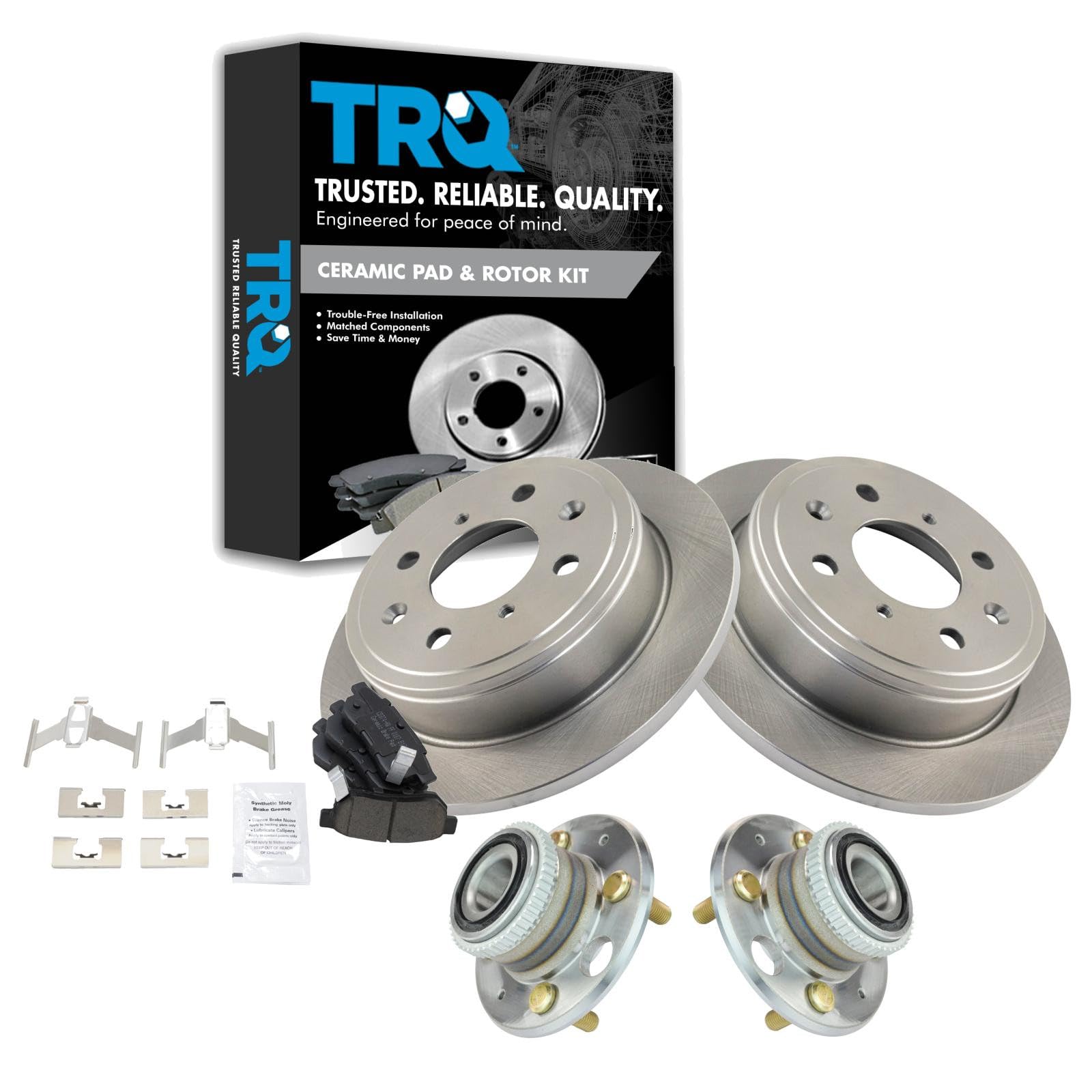 TRQ Rear Brake Pad and Rotor Set Ceramic Wheel Hub Bearing Compatible with 1990-2001 Acura Integra 1992-2000 Honda Civic 1995-1997 Civic del Sol
