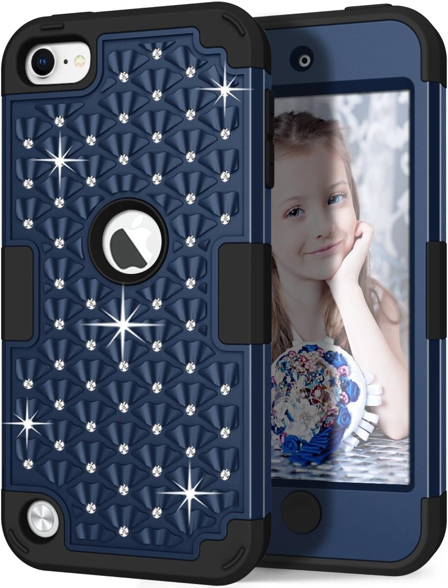 Hocase iPod Touch 7th/6th/5th Generation Case, Shockproof Heavy Duty Silicone Rubber+Hard Plastic Glitter Protective Case for iPod Model A2178, A1574, A1509, A1421 - Midnight Blue/Black