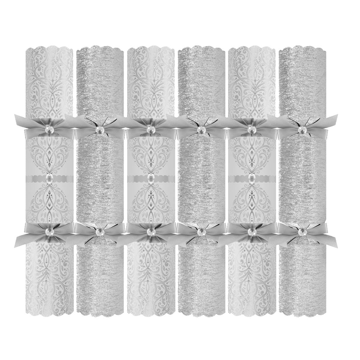 Harvey & Mason Silver Pack Of 6 Exquisite Glitter Christmas Crackers - 13.5" Metallic White Festive Holly Foliage Xmas Holiday Dinner Table Decorations - Novelty Fun Prizes Gifts Contains Hats Jokes