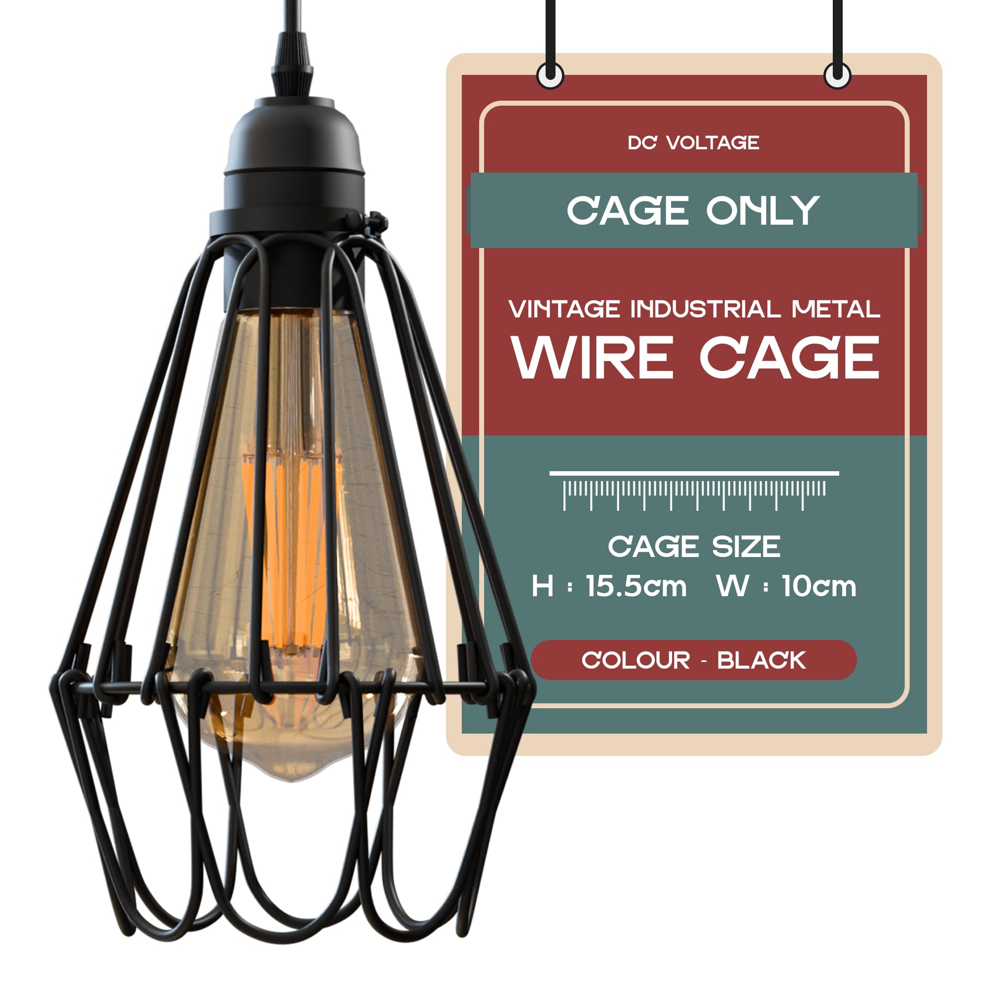 DC VOLTAGE Vintage Industrial Metal Wire Cage for Light Bulbs – Black Hanging Lamp Shade Guard – E27 Pendant Light Cover – Retro Cage Only – 15.5cm Height x 10cm Width — image 1