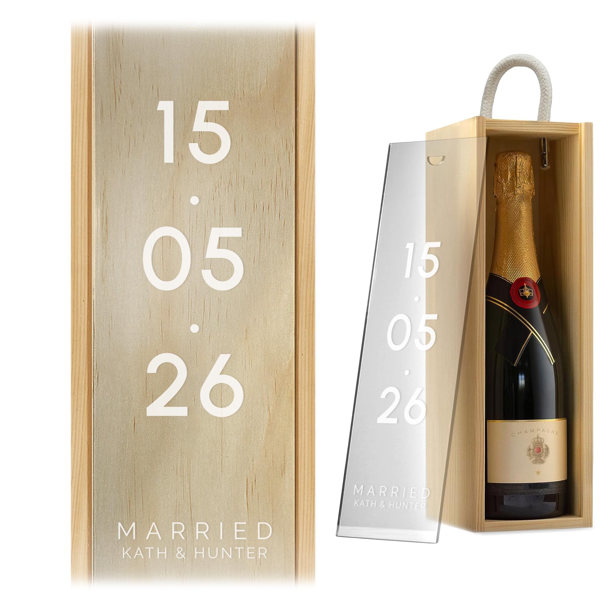 A1 Graphics Ltd Natural Box/Clear Lid Custom Date Wine Gift Box Engagement Custom Printed Personalised Wedding Present Retirement Valentines Anniversary Engagement Gift ()