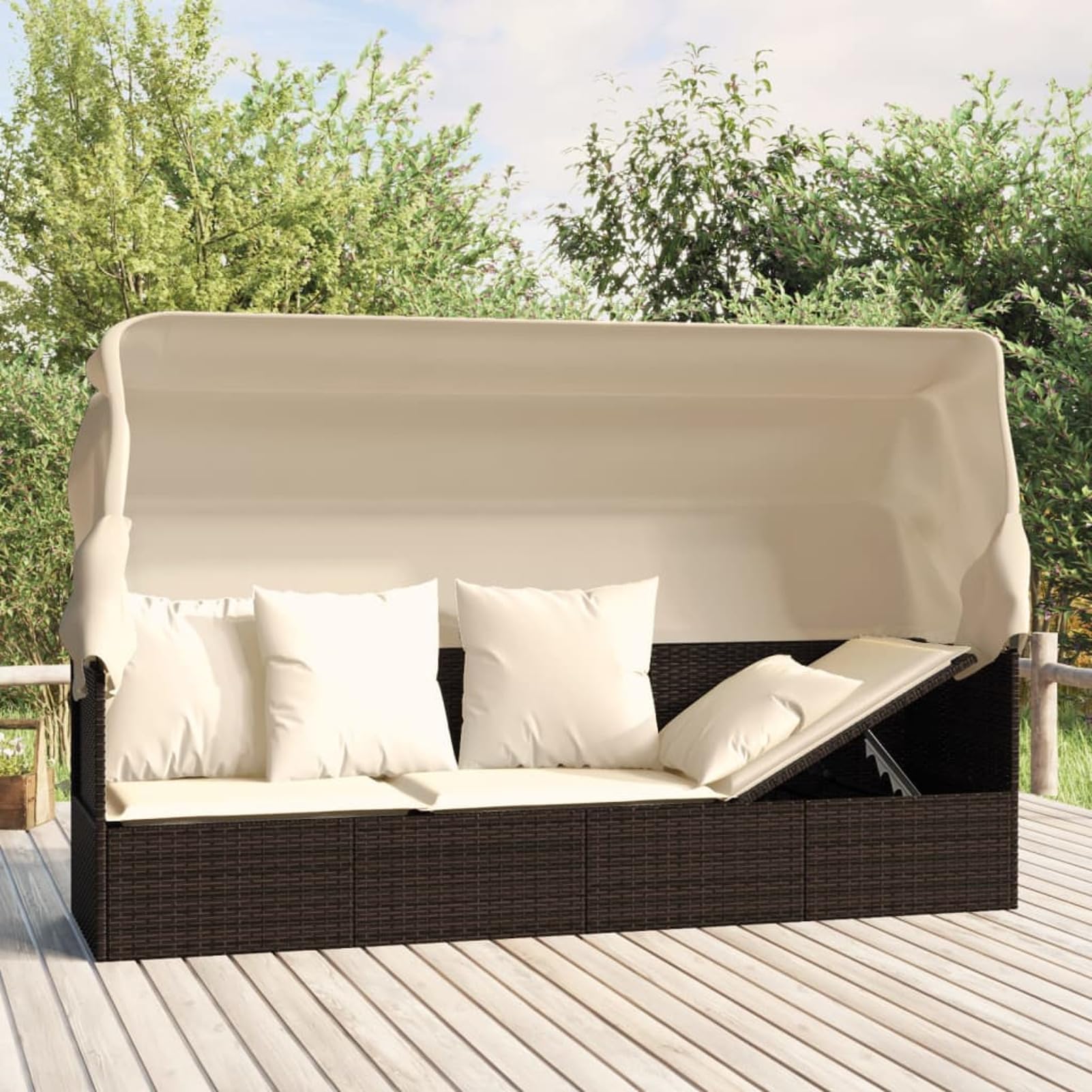 Homgoday Lit de Salon d'extérieur Toit et Coussins Marron Résine Tressée, Bain de Soleil de Jardin, Lit de Camping pour Plage, Extérieur, Balcon, Terrasse