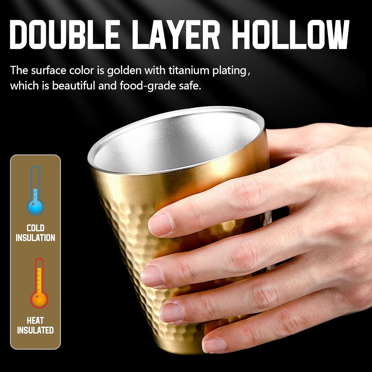Stainless Steel Cups 2 Packs 10oz/300ml Stackable Double Wall Insulated Metal Shatterproof Cups Titanium-Plated Diamond Textured Surface Heat Resistant Dishwasher Safe (Golden) - Image 3