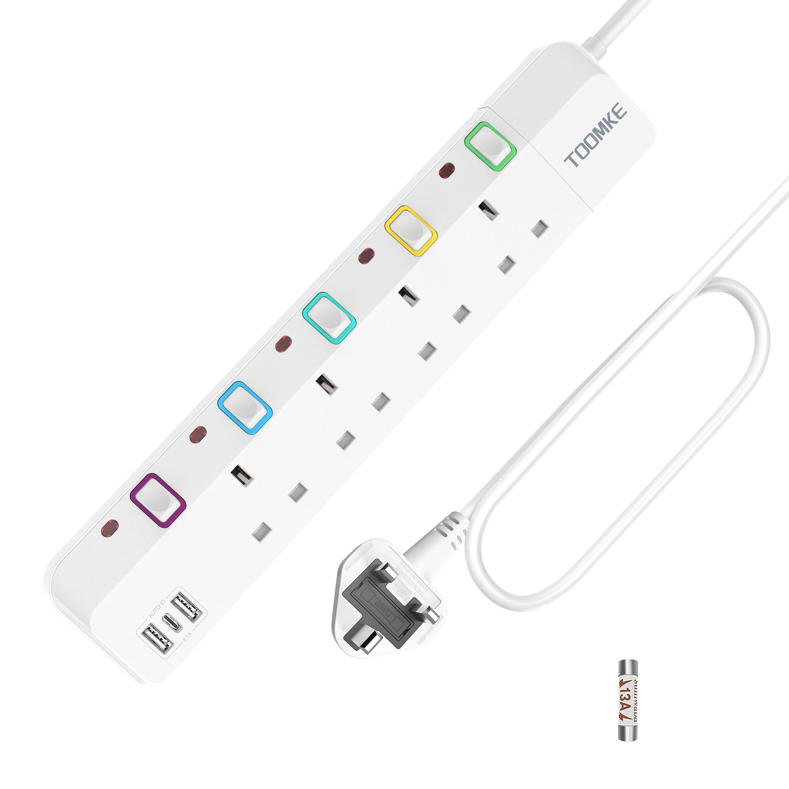 Extension Lead with USB Slots, Toomke 4 Way Plug Extension Socket with 2 USB-A and 1 USB-C, Mountable Power Strip with Individual Switches, UK Plug Socket 1.5m Extension Cord 13A 3250W — view 15