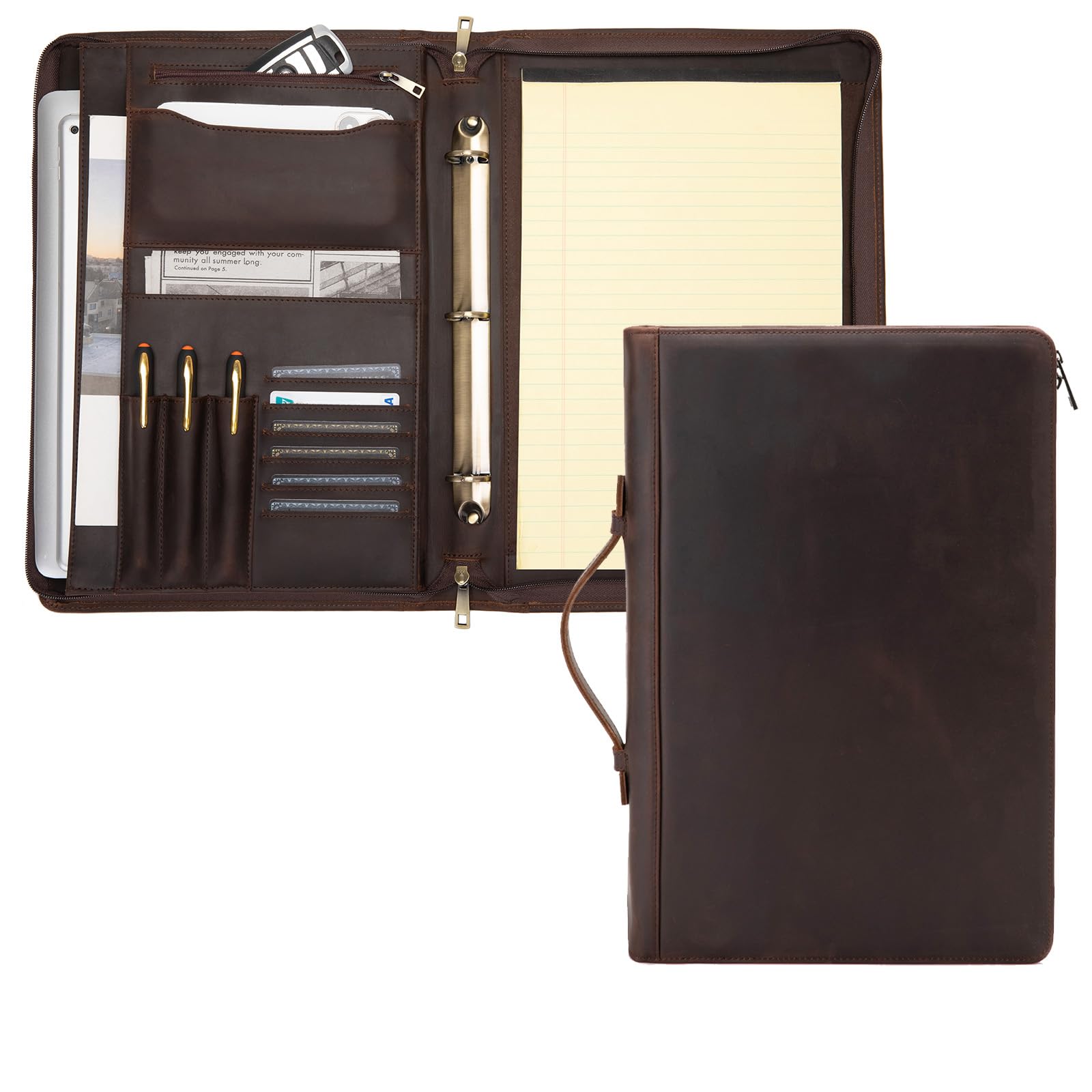 Genuine Leather 3 Ring Binder Portfolio, 8.5 x 14 Legal Size Pad Holder, Hidden Handle, Zippered Padfolio with 15” Laptop Organizer, Professional Business Folio for Men Women, Dark Brown