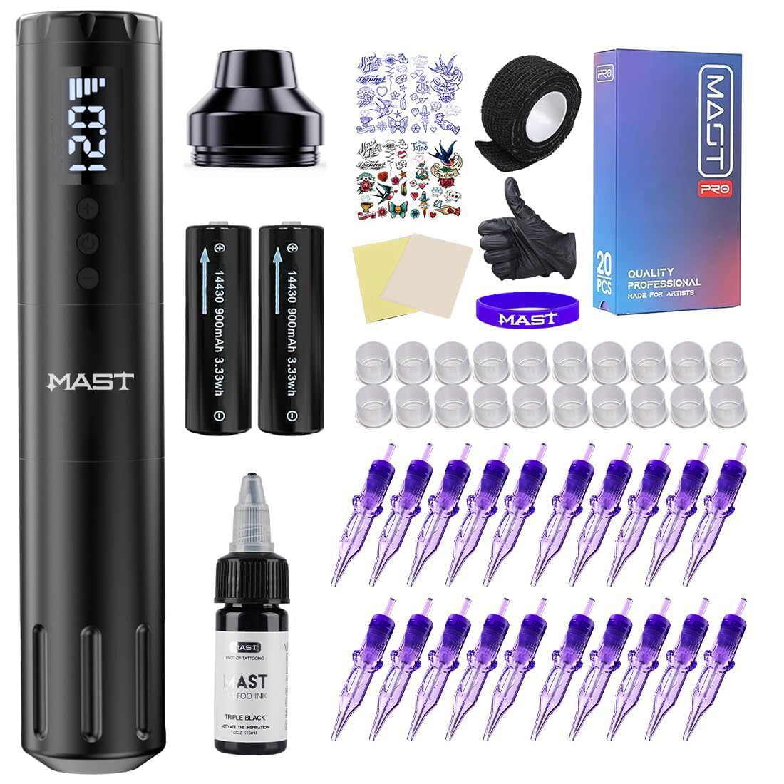 Tattoo Gun Wireless Kit, Mast A1 Pro Tattoo Pen Machine Complete Kit 20Pcs Needles Cartridges Black Tattoo Ink 2 Batteries Power Supply for Beginners